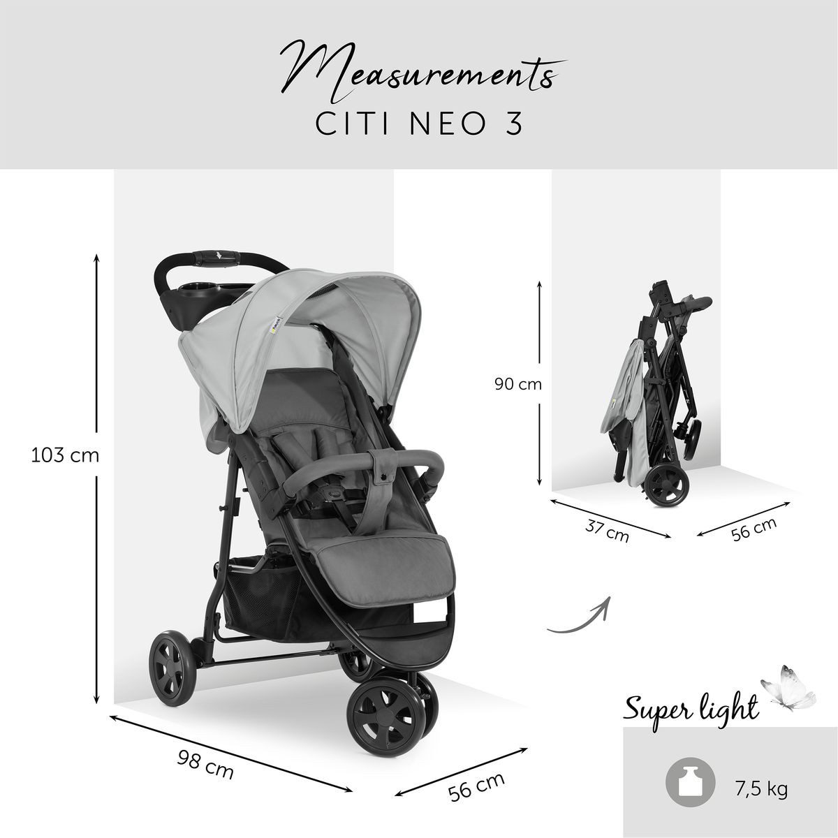 Hauck Sportbuggy Citi Neo 3 - Grey, Sportwagen mit Liegefunktion Regenschutz, Insektenschutz & Lenkrad