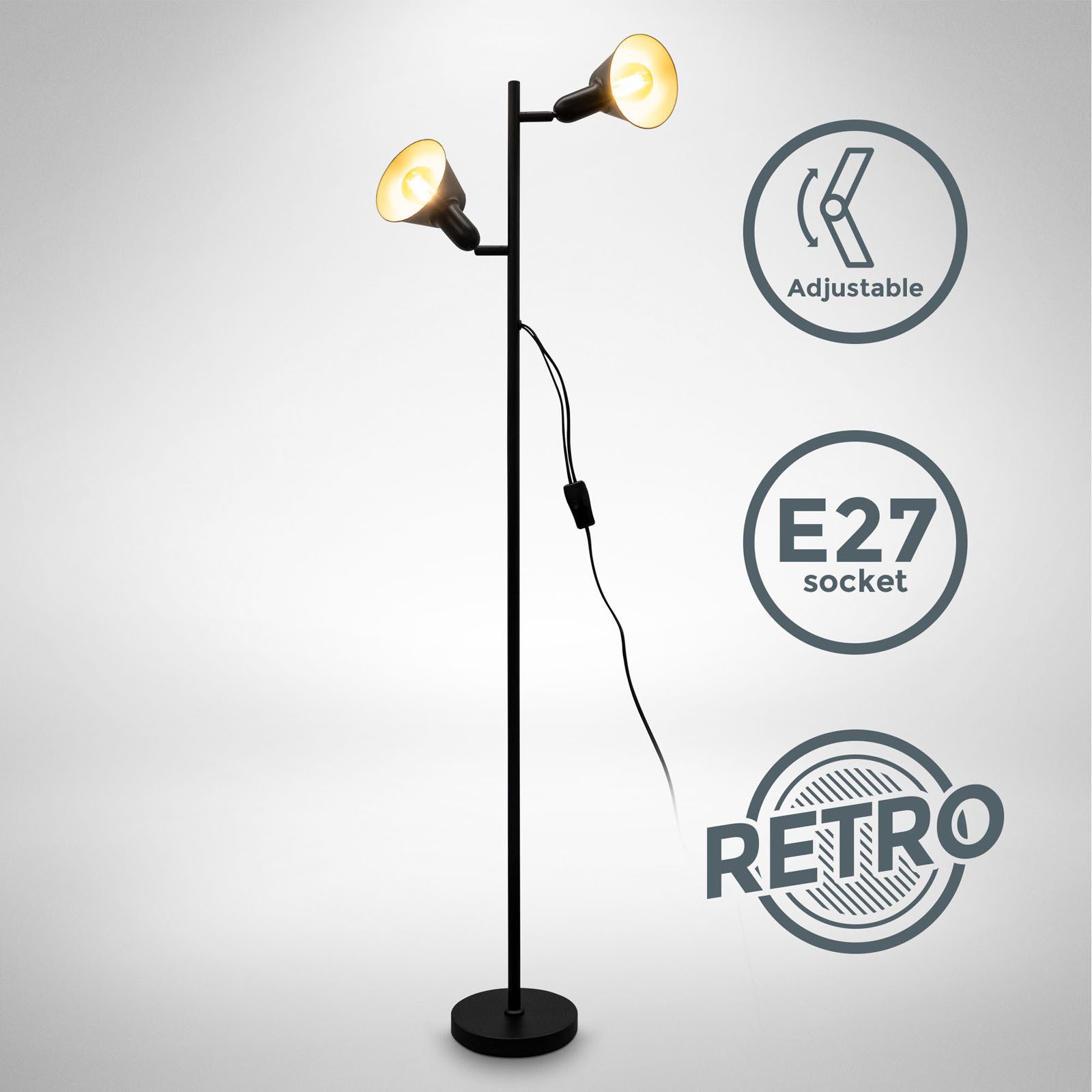 B.K.Licht Stehlampe Retro Stehleuchte Wohnzimmer Büro 2-flammig E27 schwarz-gold BKL1556, ohne Leuchtmittel, Abhängig vom Leuchtmittel - Warmweiß / Neutralweiß / Kaltweiß, LED Deckenfluter142cm schwenkbar 230V Metall Spots getrennt schaltbar