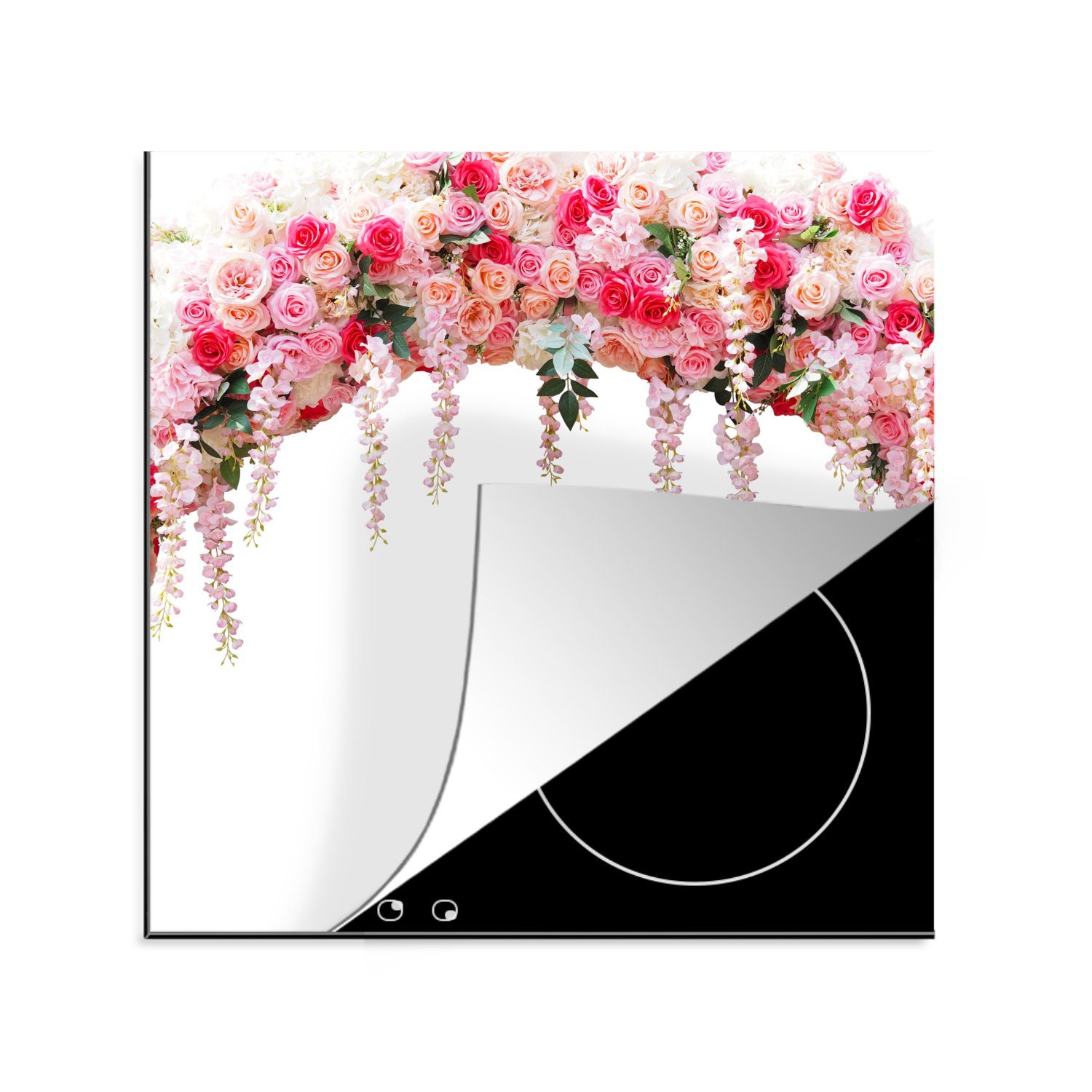 Blättern mit Ceranfeldabdeckung, weißen und rosa Vinyl, und 78x78 tlg), Bogen Rosen., Ein für cm, Herdblende-/Abdeckplatte (1 küche grünen Arbeitsplatte MuchoWow