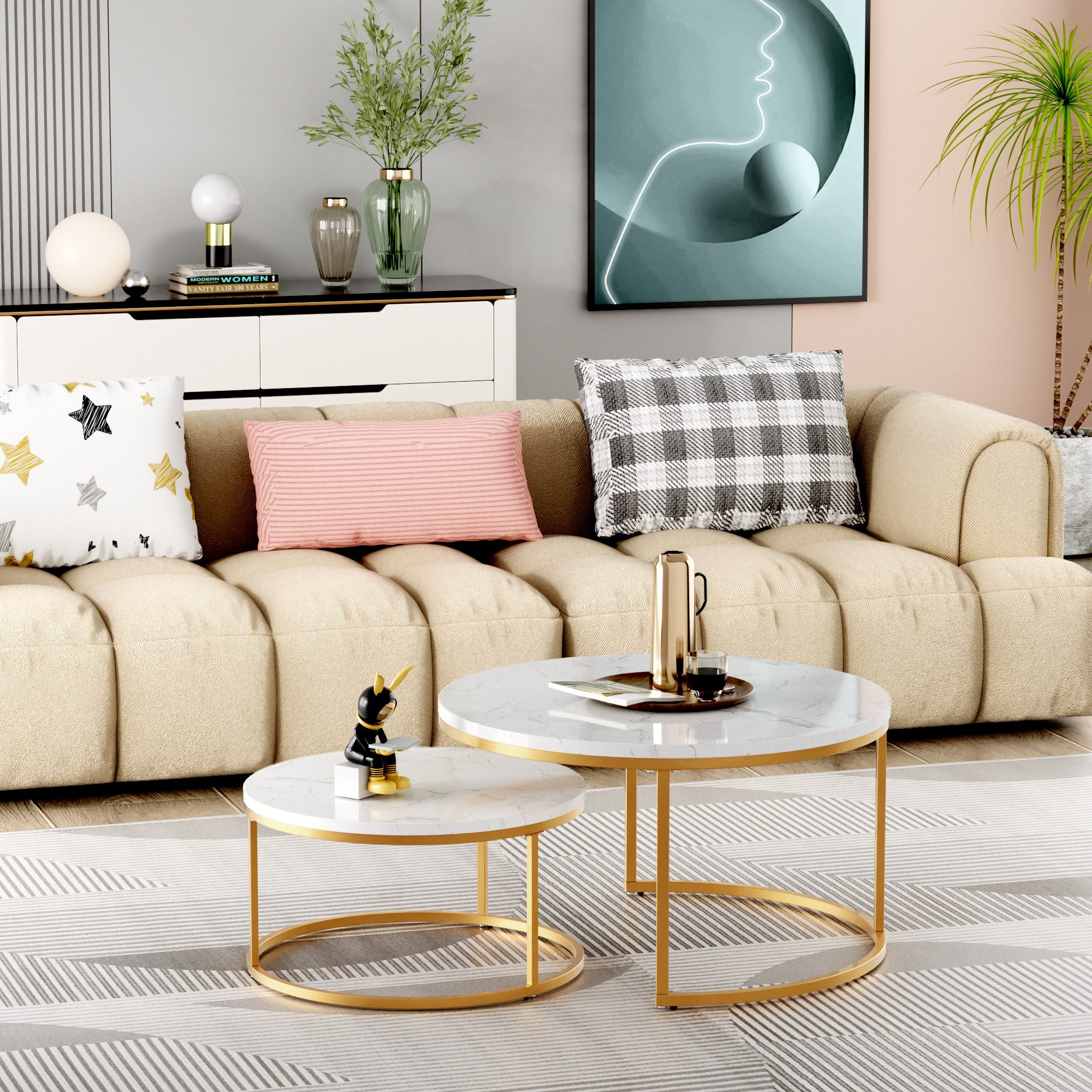 OKWISH Couchtisch 2-teiliges Couchtisch-Set mit elegantem Design (tabiler Eisenrahmen & leicht zu reinigende MDF-Tischplatte 2 -St, 2-St) – Bild 3 von 5