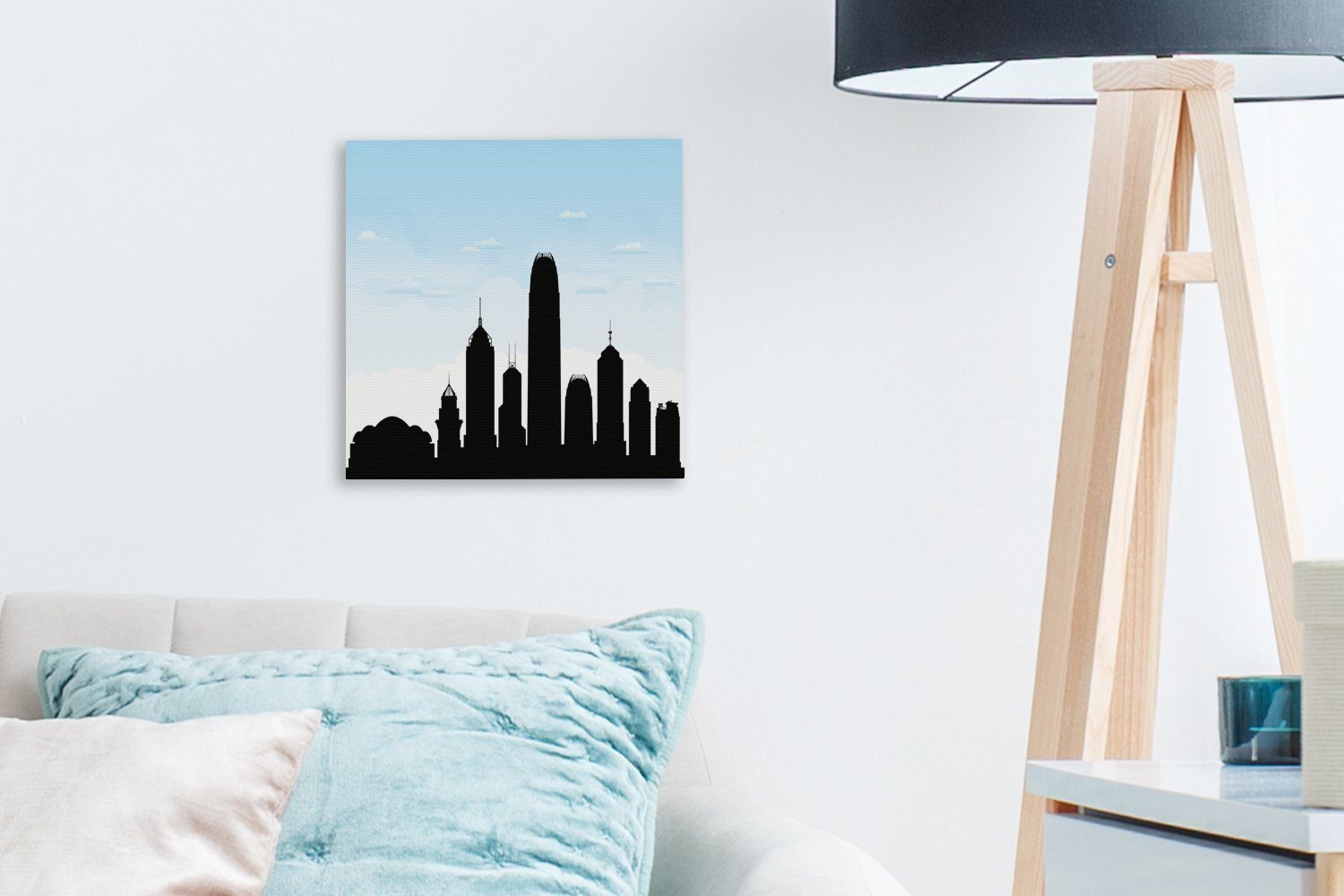 OneMillionCanvasses® Wohnzimmer Leinwandbild einem unter von für hellblauen Bilder Schlafzimmer Leinwand Himmel, Hongkong der Silhouette (1 Illustration St),