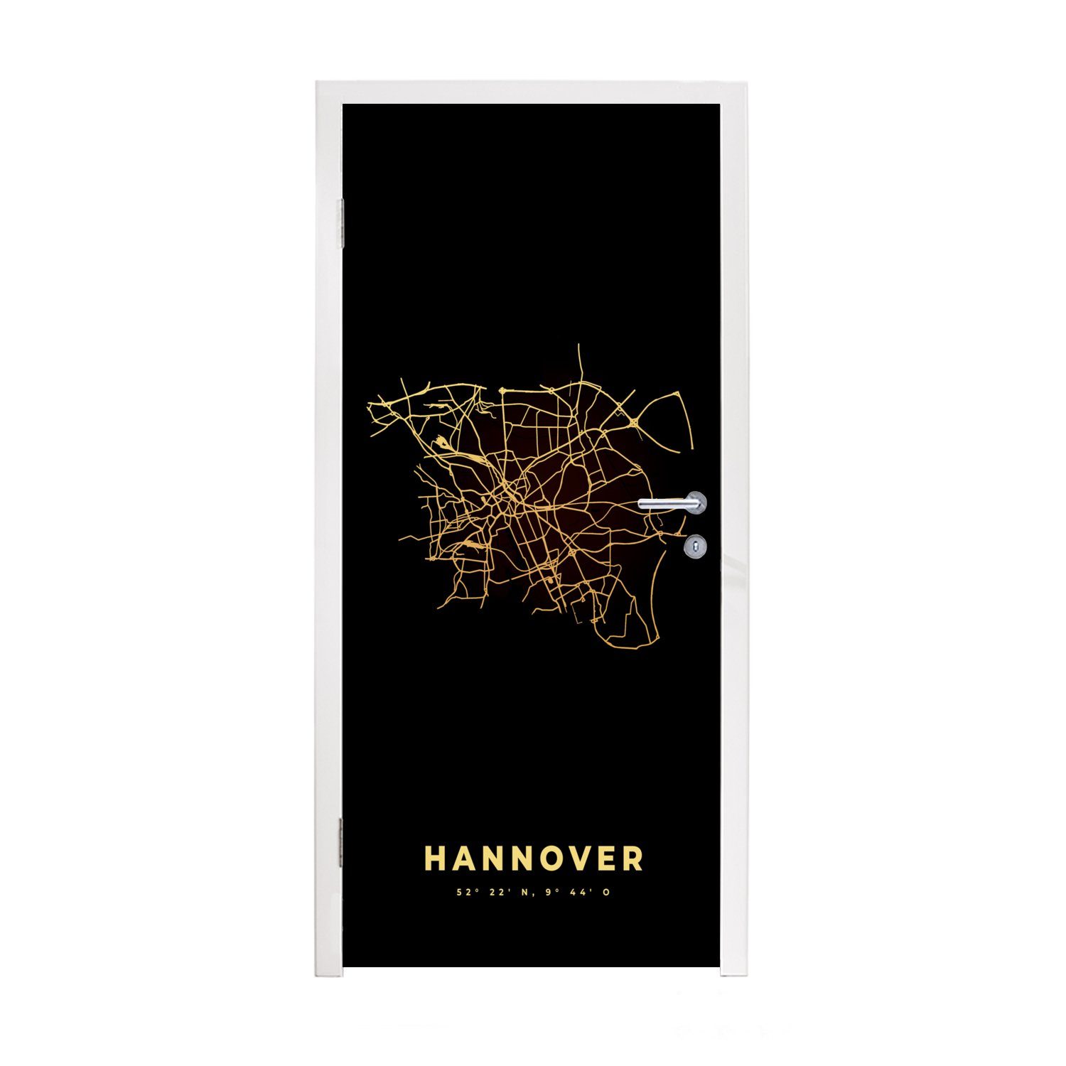 MuchoWow Türtapete Karte - Gold - Hannover - Karte - Stadtplan, Matt, bedruckt, (1 St), Selbstklebende Tapete, Folie für Möbel, 75x205 cm