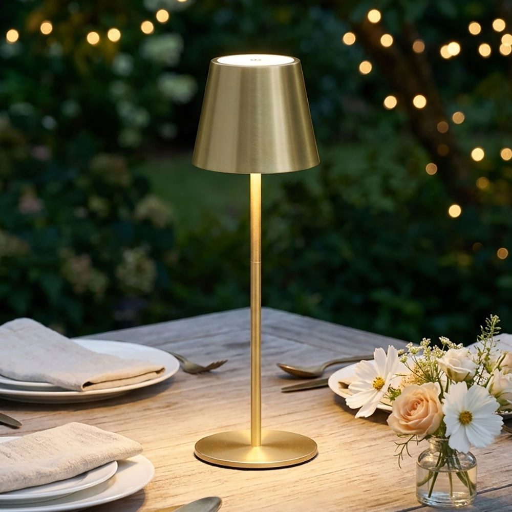 FISCHER & HONSEL LED Außen-Tischleuchte, Leuchtmittel inklusive, Warmweiß, LED Tischleuchte Außen Innen Tischlampe Messing Touchdimmer Akku USB