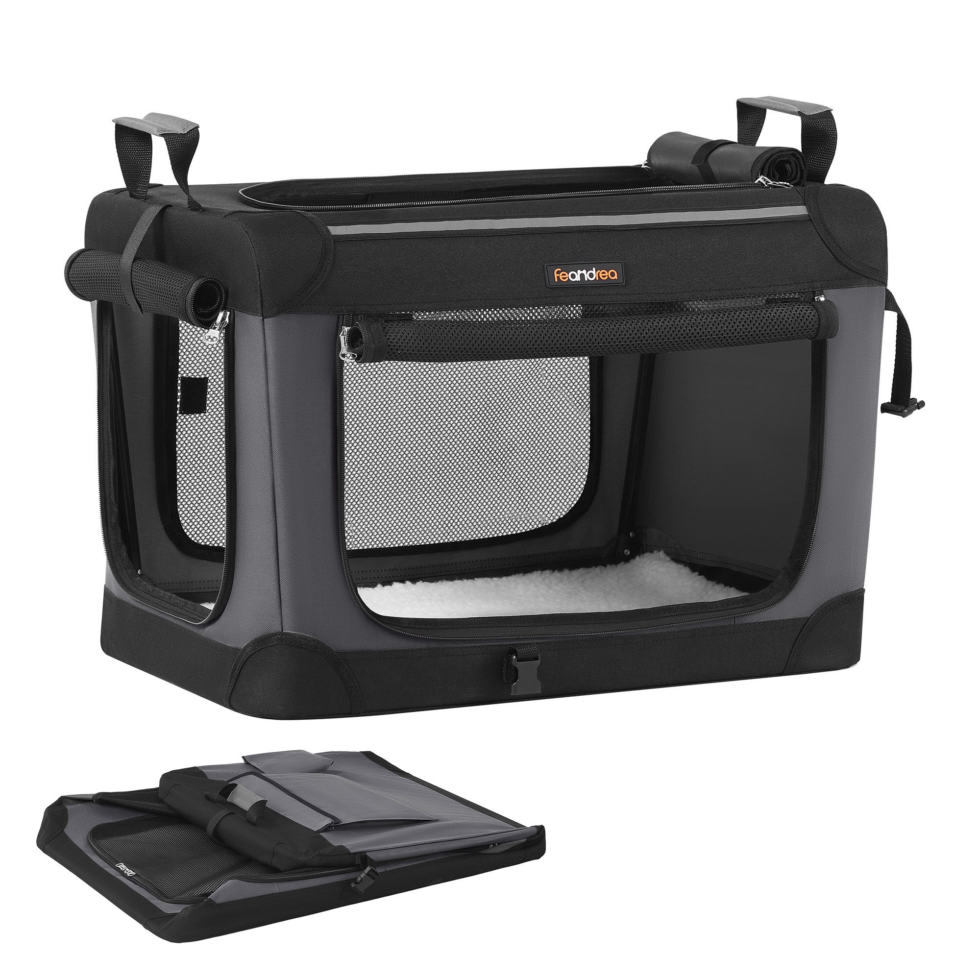 FEANDREA Tiertransporttasche Hundebox faltbar, Hundetasche, Taschen für Futter und Wasserflasche, 60 cm, kleine Hunde, Oxford-Gewebe, 4 Türen aus Netzstoff, Griffen