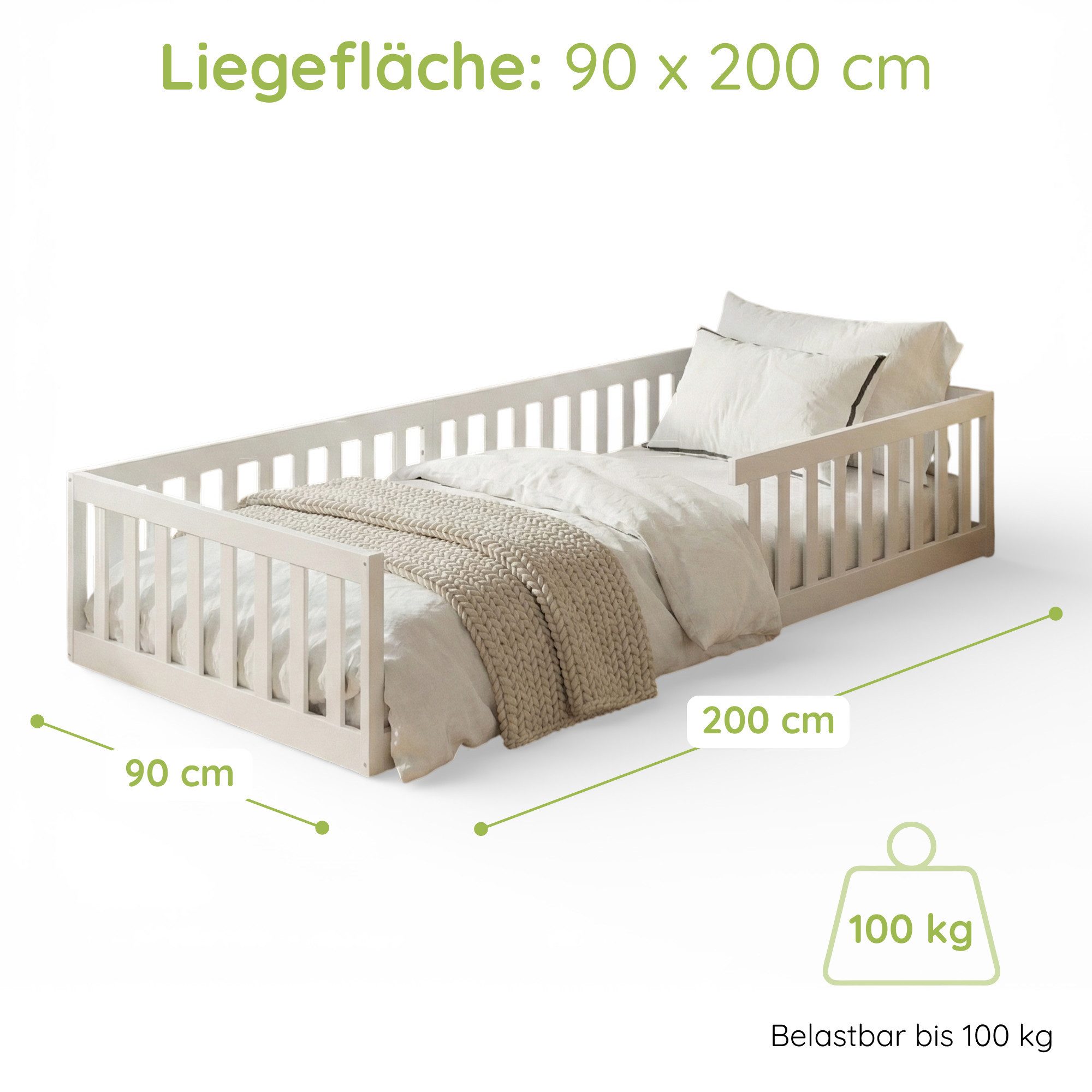 Kids Collective Kinderbett Bodenbett Bett mit Rausfallschutz & Lattenrost Montessori Bett Kinder (90x200, 120x200 und 140x200), Jugendbett Einzelbett Kiefer-Vollholz Weiß 90x200