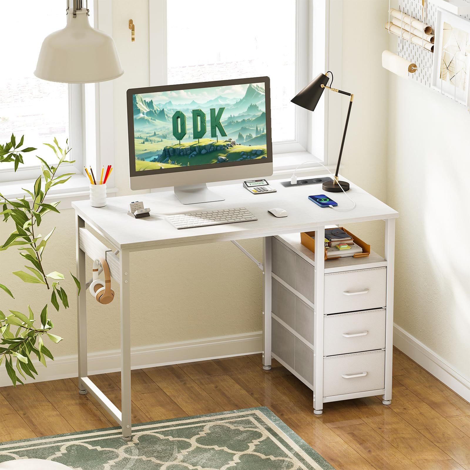 ODK Schreibtisch mit 3 Schubladen, Steckdosen & USB-Ladeanschlüssen (1-St), Kleiner Computertisch 100x45 cm