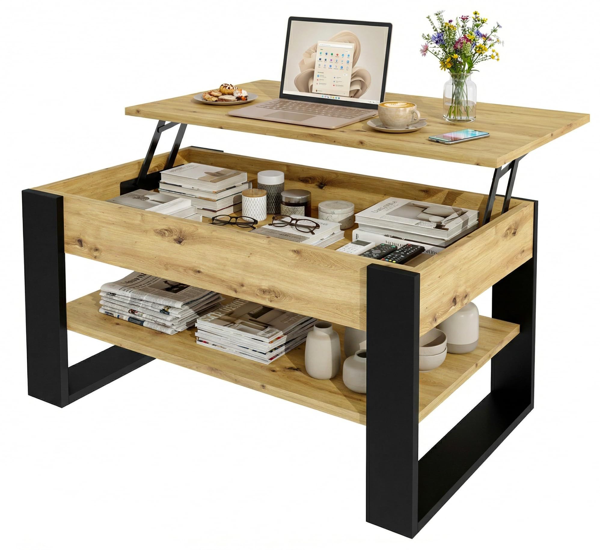 TREND WERK Couchtisch Lift-Couchtisch höhenverstellbar Sofatisch 92×54 cm mit Stauraum, verstecktem Fach Wohnzimmertisch Holz modern