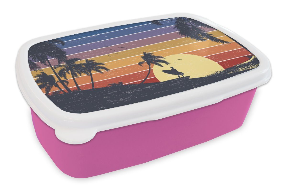 MuchoWow Lunchbox Illustration eines Surfers bei Sonnenuntergang, Kunststoff, (2-tlg), Brotbox für Erwachsene, Brotdose Kinder, Snackbox, Mädchen, Kunststoff rosa