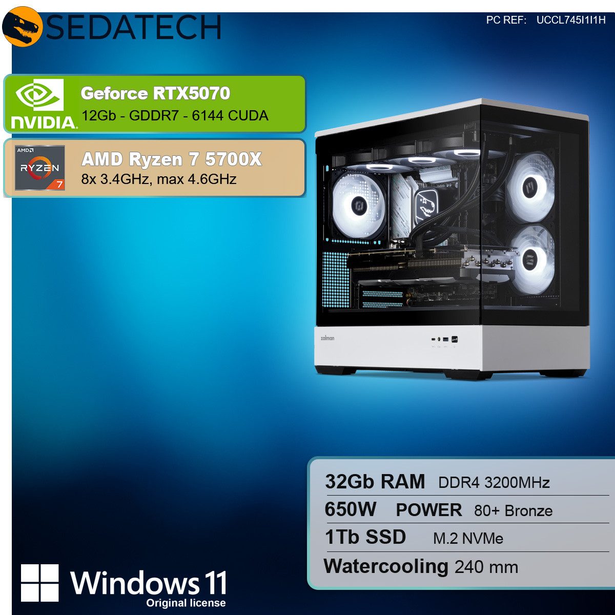 Sedatech UCCL745I1I1HF - Watercooling Gaming-PC (AMD Ryzen 7 5700X 8x 3.4GHz (max 4.6GHz), Geforce RTX5070 12GB, 32 GB RAM, 1000 GB SSD, Watercooling, Wlan 4)