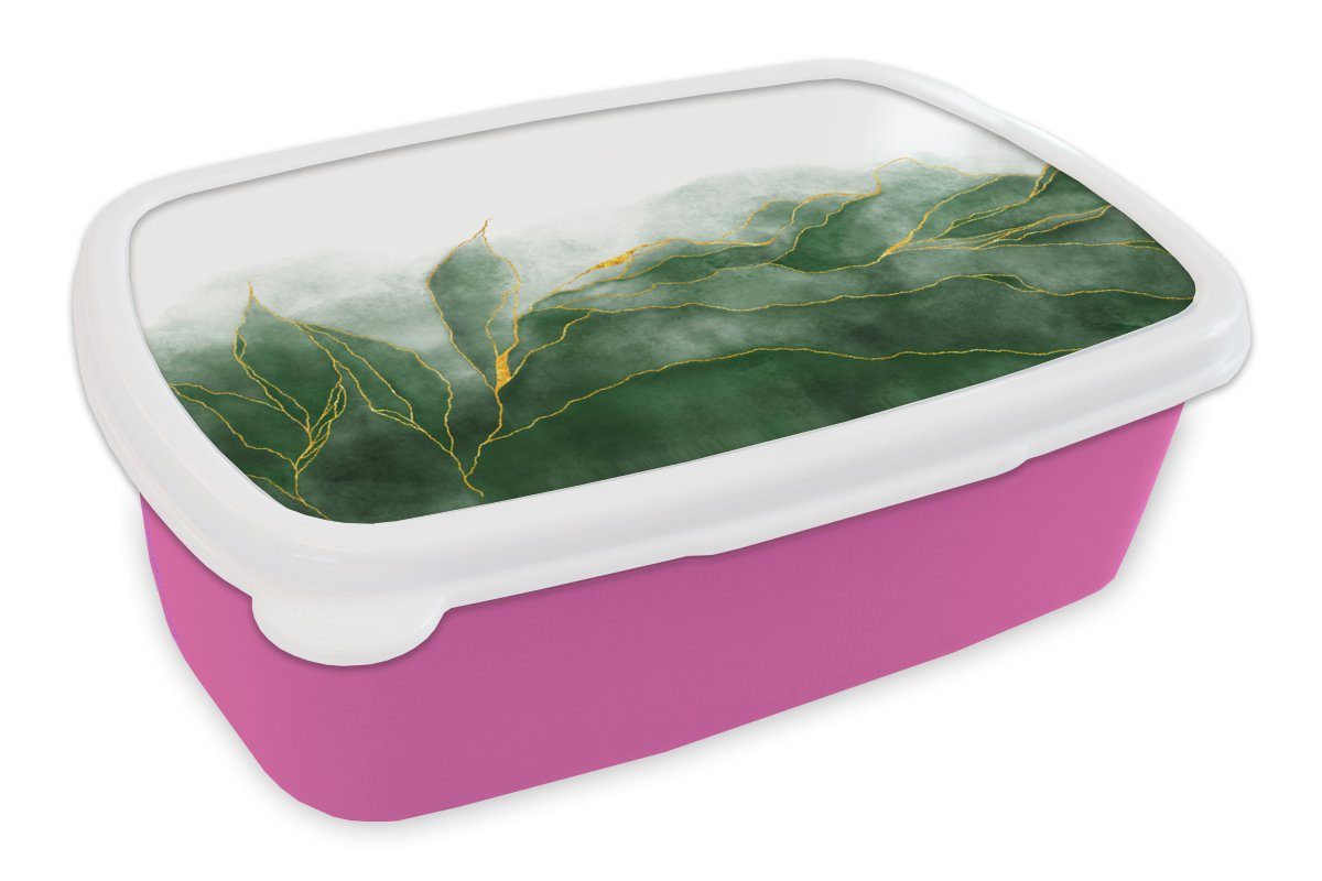 MuchoWow Lunchbox Marmor - Grün - Luxus - Gold - Marmoroptik, Kunststoff, (2-tlg), Brotbox für Erwachsene, Brotdose Kinder, Snackbox, Mädchen, Kunststoff rosa