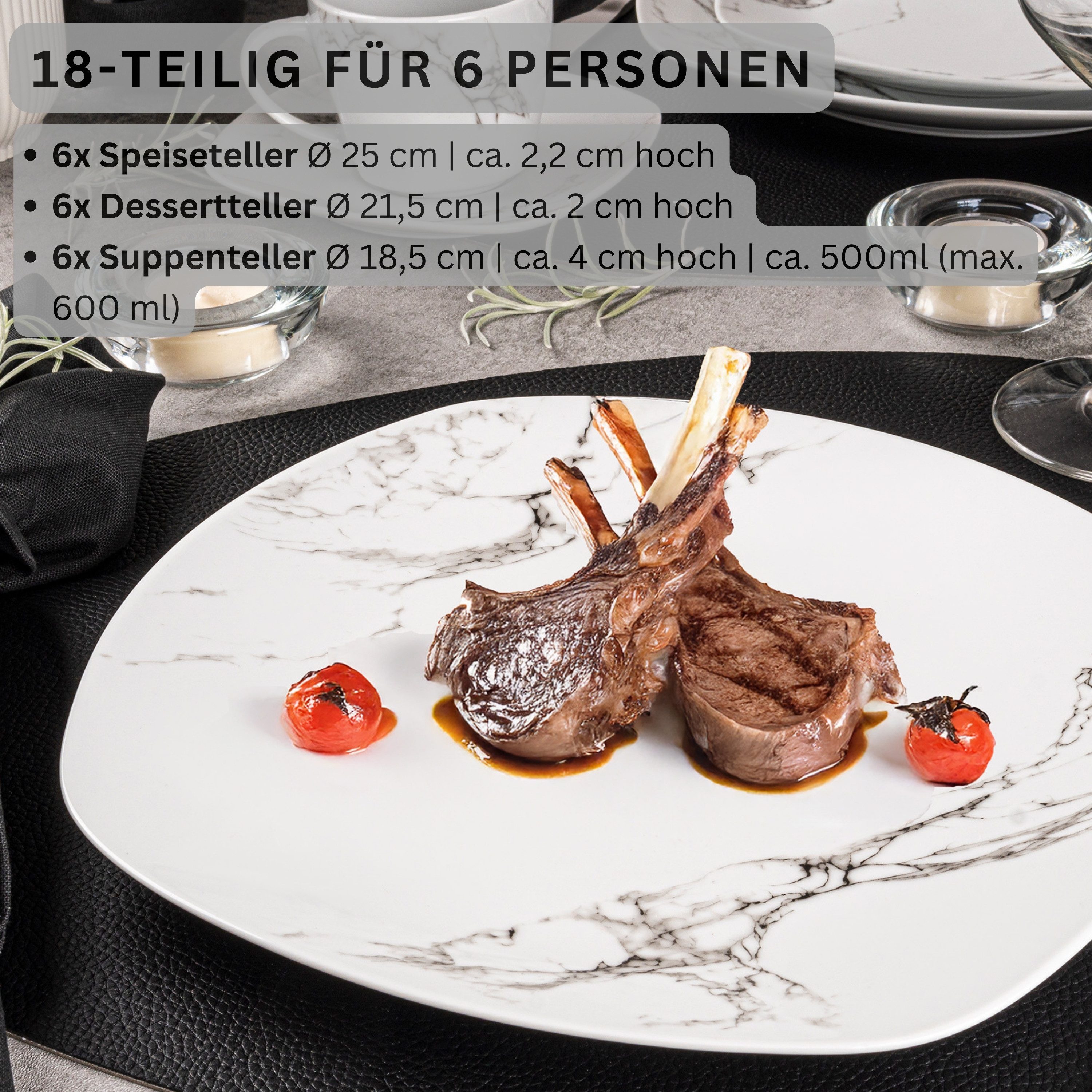 SÄNGER Tafelservice Bilgola Marmor, Weiß (18-tlg), 6 Personen, Porzellan, Erweiterbar, PREMIUM COLLECTION