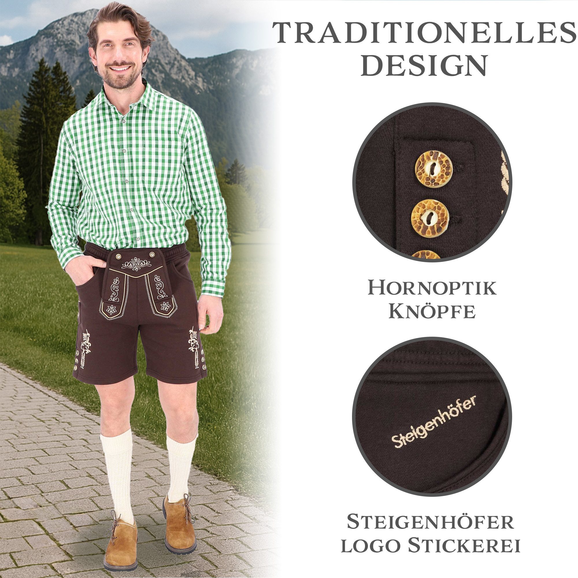 Steigenhöfer Manufaktur Jogginghose "MORITZ" kurze Jogginghose im Lederhosen Look Herren Tracht für Oktoberfest Wiesn und weitere Feierlichkeiten