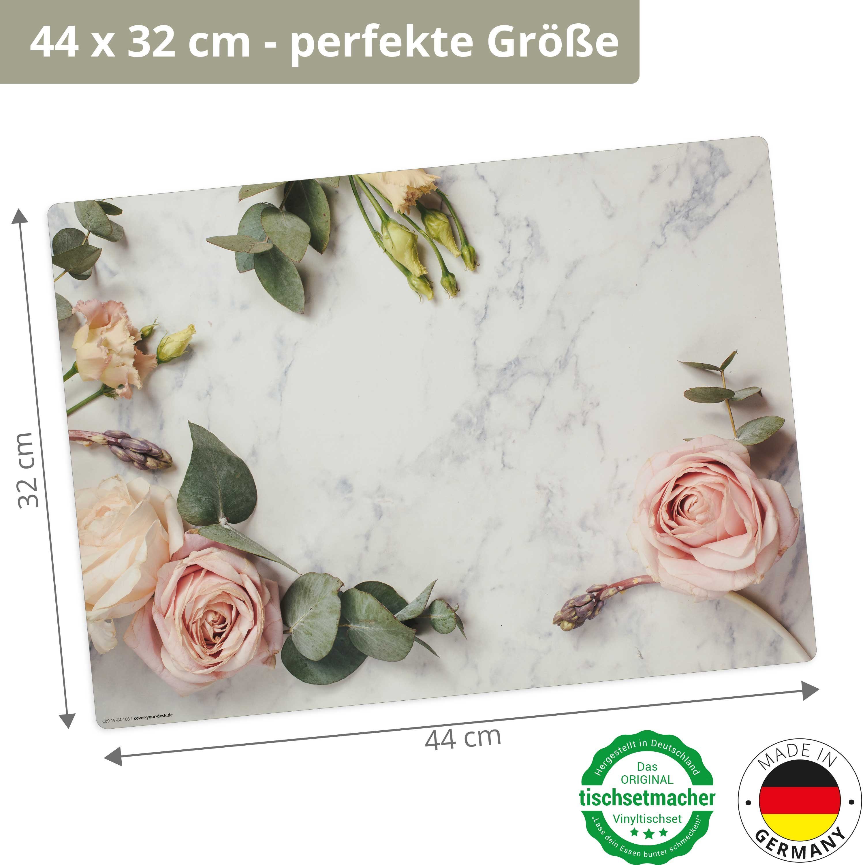 Platzset, Tischset, Platzset abwaschbar - Rosen auf Marmor,  cover-your-desk.de, (aus erstklassigem Vinyl (Kunststoff – BPA-frei), 4-St.,  44 x 32 cm - rutschfeste Tischdekoration), Made in Germany