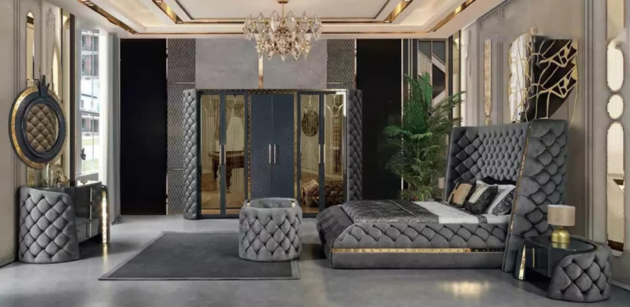 Xlmoebel Komplettschlafzimmer Elegantes Schlafzimmer-Ensemble mit Bett, Nachttischen und Schrank, (6-tlg., Bett/Schminktisch mit Spiegel/2x Nachttische/Kleiderschrank/Bank), Hergestellt in Europa