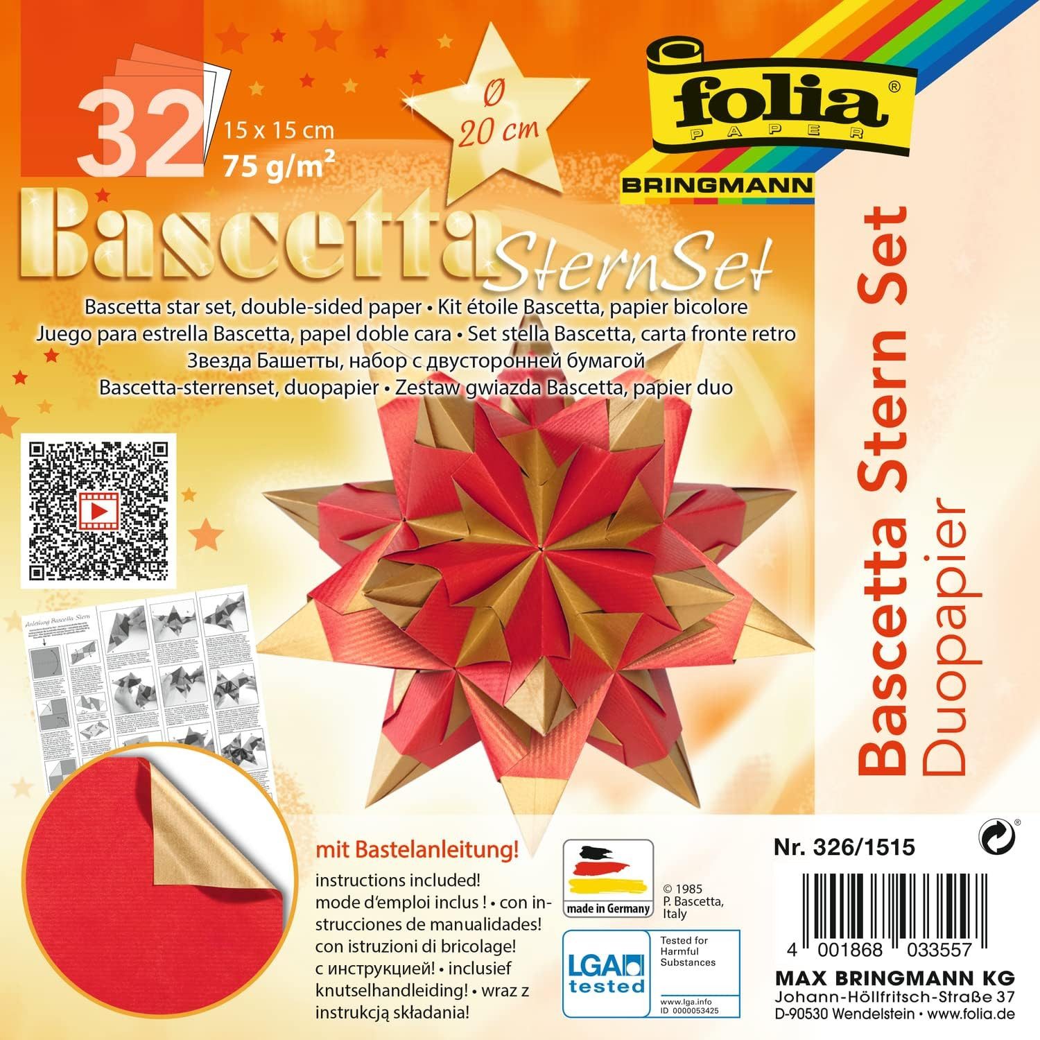 Bastelkartonpapier folia Faltblätter Bascetta-Stern, 150 x 150 mm, hochrot/gold