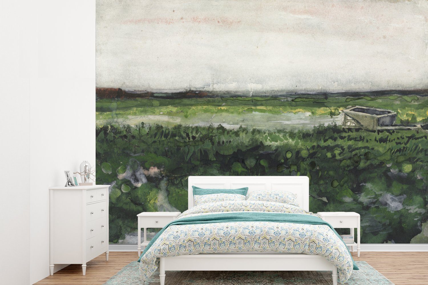 Landschaft bedruckt, (6 Wohnzimmer, Tapete mit Wandtapete für Montagefertig Vinyl Fototapete Matt, St), Gogh, Vincent van MuchoWow Schubkarre -