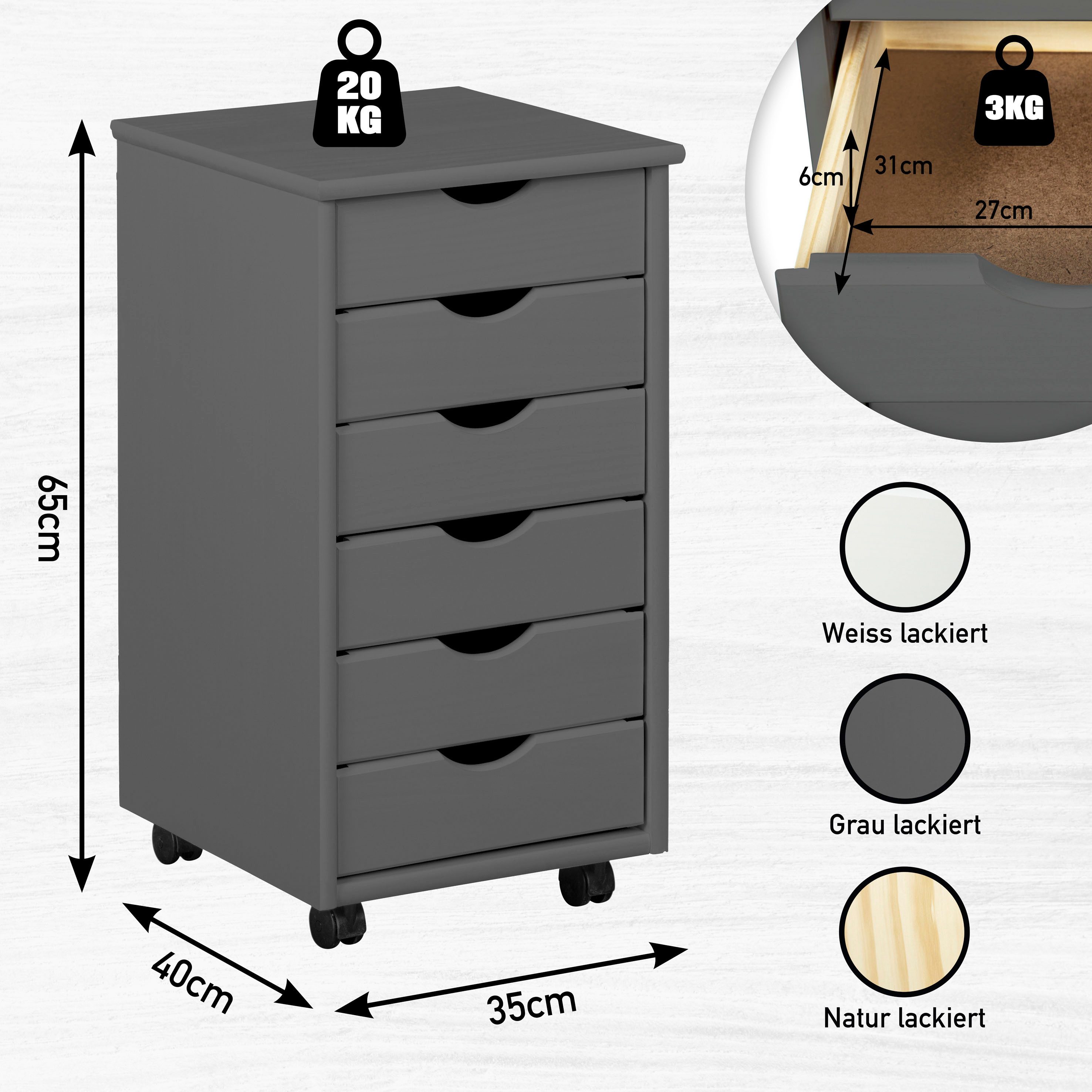 Inter Link Rollcontainer Simon aus massivem Kiefernholz, auf rollen, grau lackiert, (1 St), Bürocontainer mit 6 Schubladen, grifflos, 35 x 39 x 65,6 cm