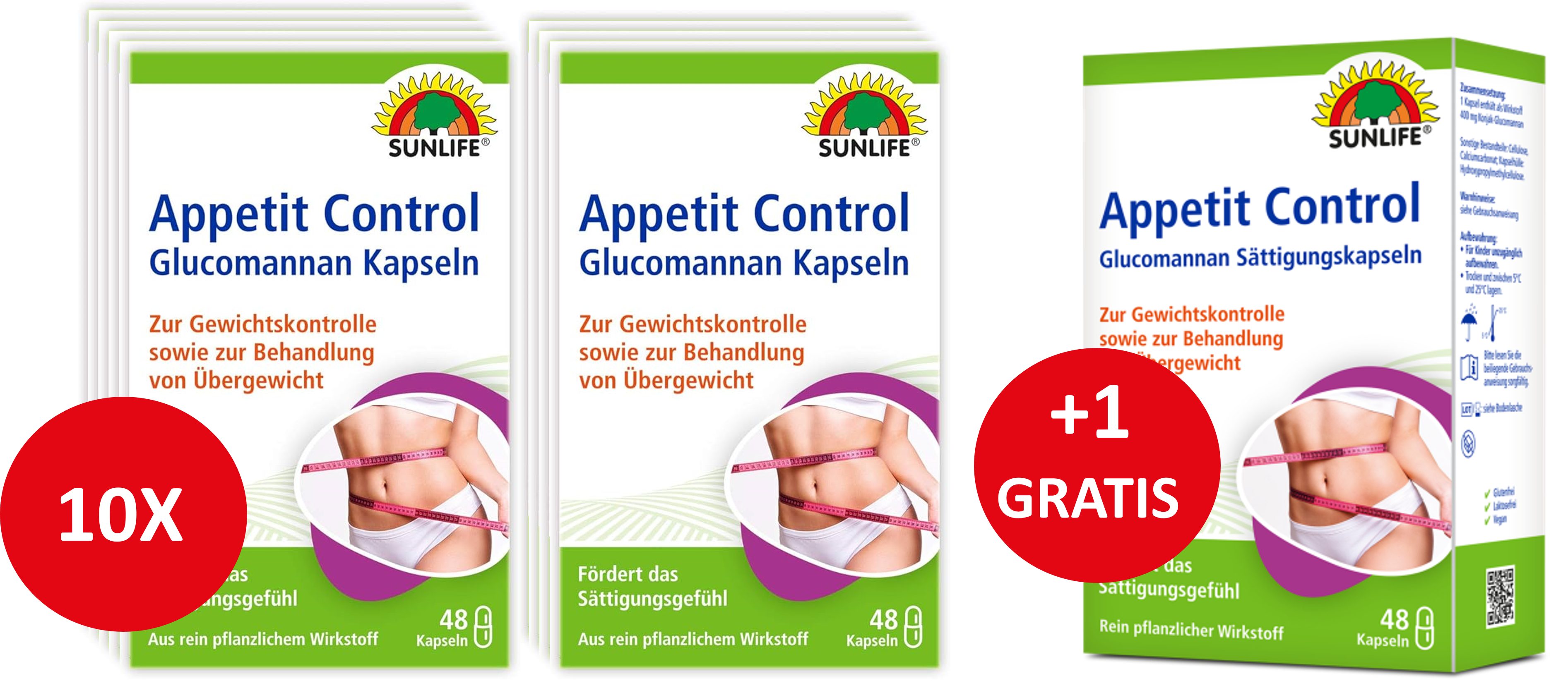 SUNLIFE® Appetit Control Glucomannan Kapseln Appetitkontrolle Abnehmen Jeweils 2-3 Kapseln 0,5-1 Stunde vor den Mahlzeiten