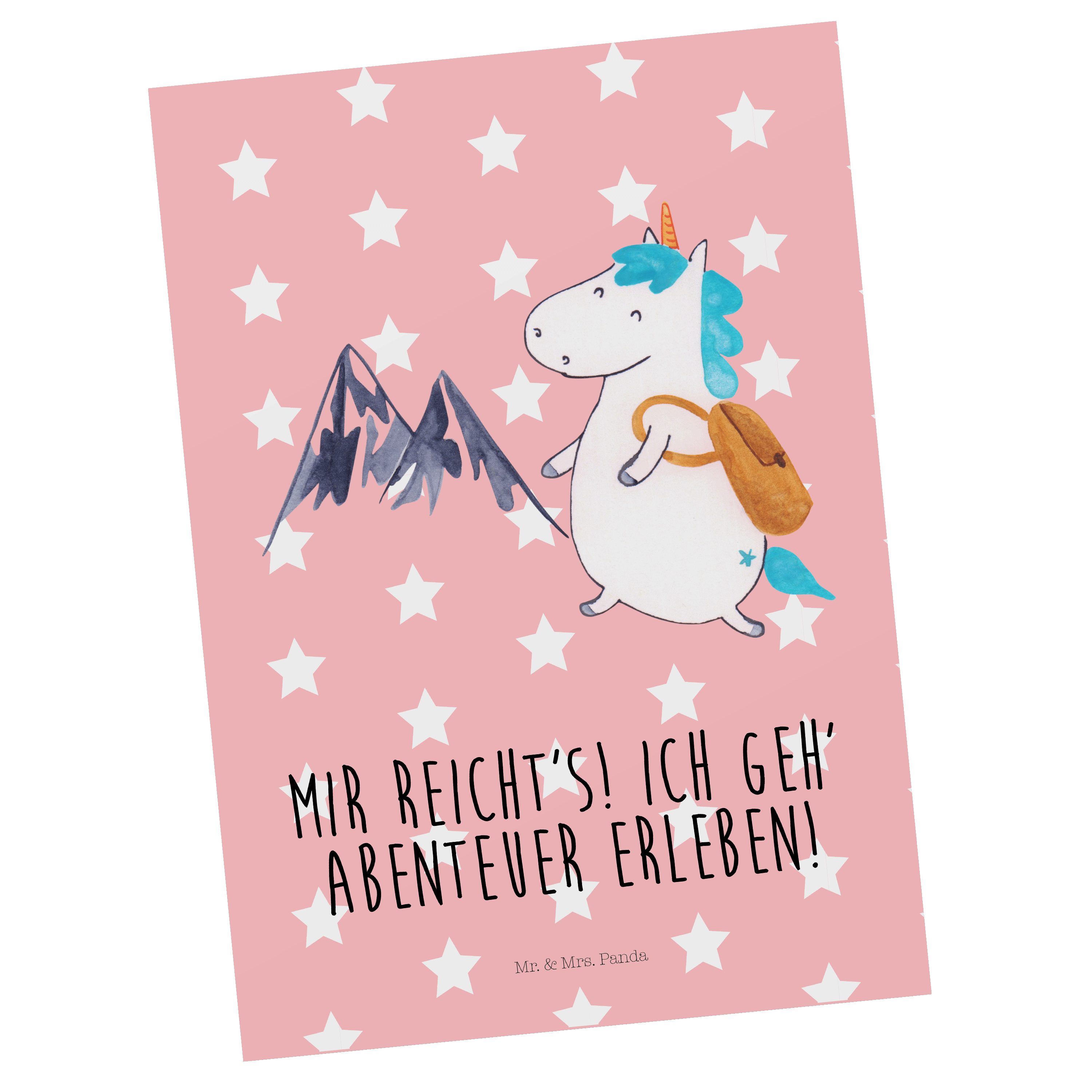 Mr. & Mrs. Panda Postkarte Einhorn Bergsteiger - Rot Pastell - Geschenk, Einladungskarte, Weltre