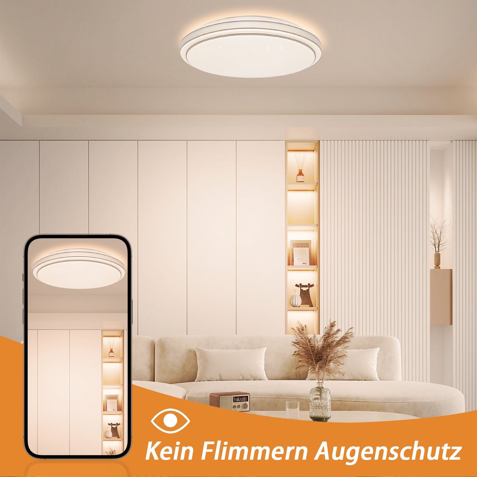 ZMH LED Deckenleuchte Schlafzimmerlampe LED ‎Weiß Flimmerfrei, ∅27cm, Modern fest Wohnzimmer, integriert, B Rund für Sternenhimmel