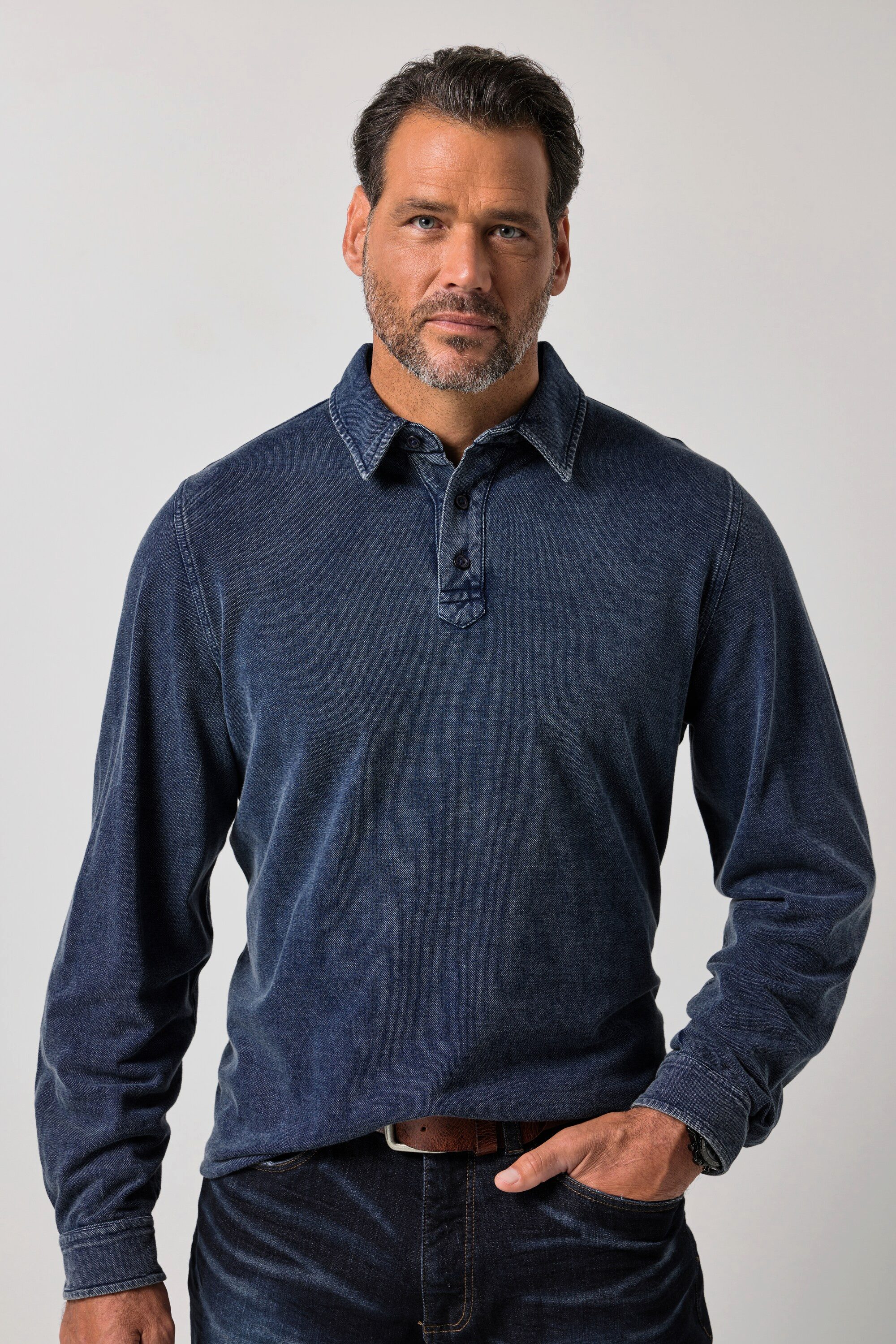 JP1880 Poloshirt Langarm-Poloshirt Piqué Indigo-Färbung bis 8 XL