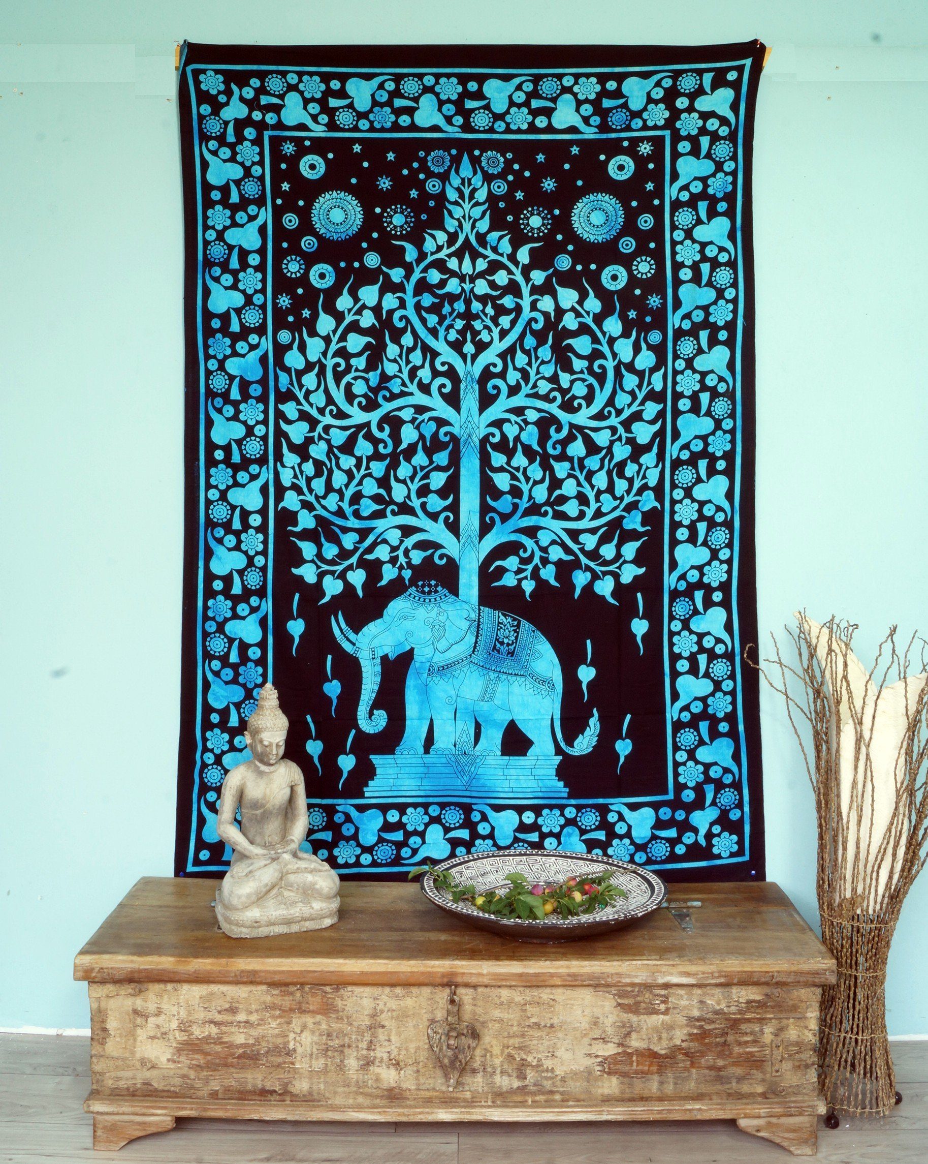 Tagesdecke Boho-Style Guru-Shop / türkis Tagesdecke Wandbehang, Life Tree Elefant -.., indische of