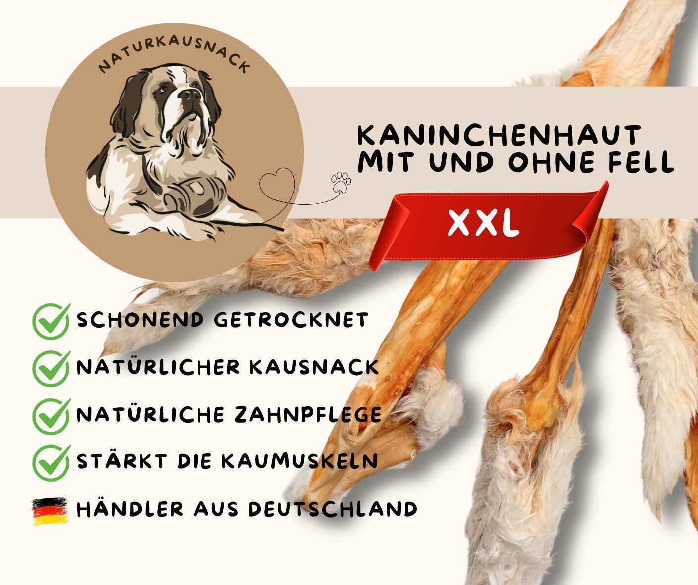 Warnick´s Tierfutterservice Kaninchenhautstangen, Kaninchenhaut XXL - mit und ohne Fell, Snack für: Hunde