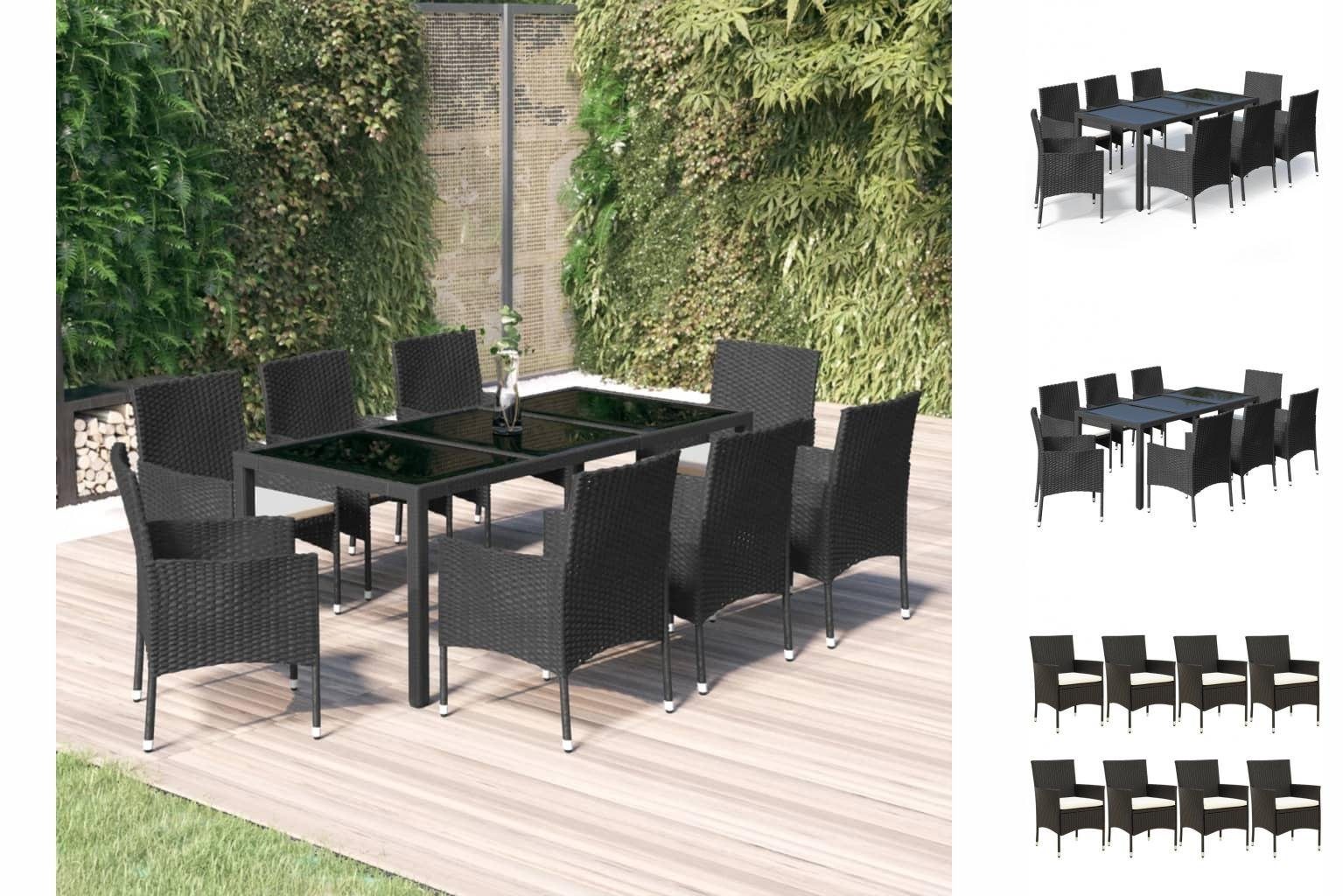 vidaXL GartenEssgruppe 9tlg GartenEssgruppe mit Kissen Schwarz
