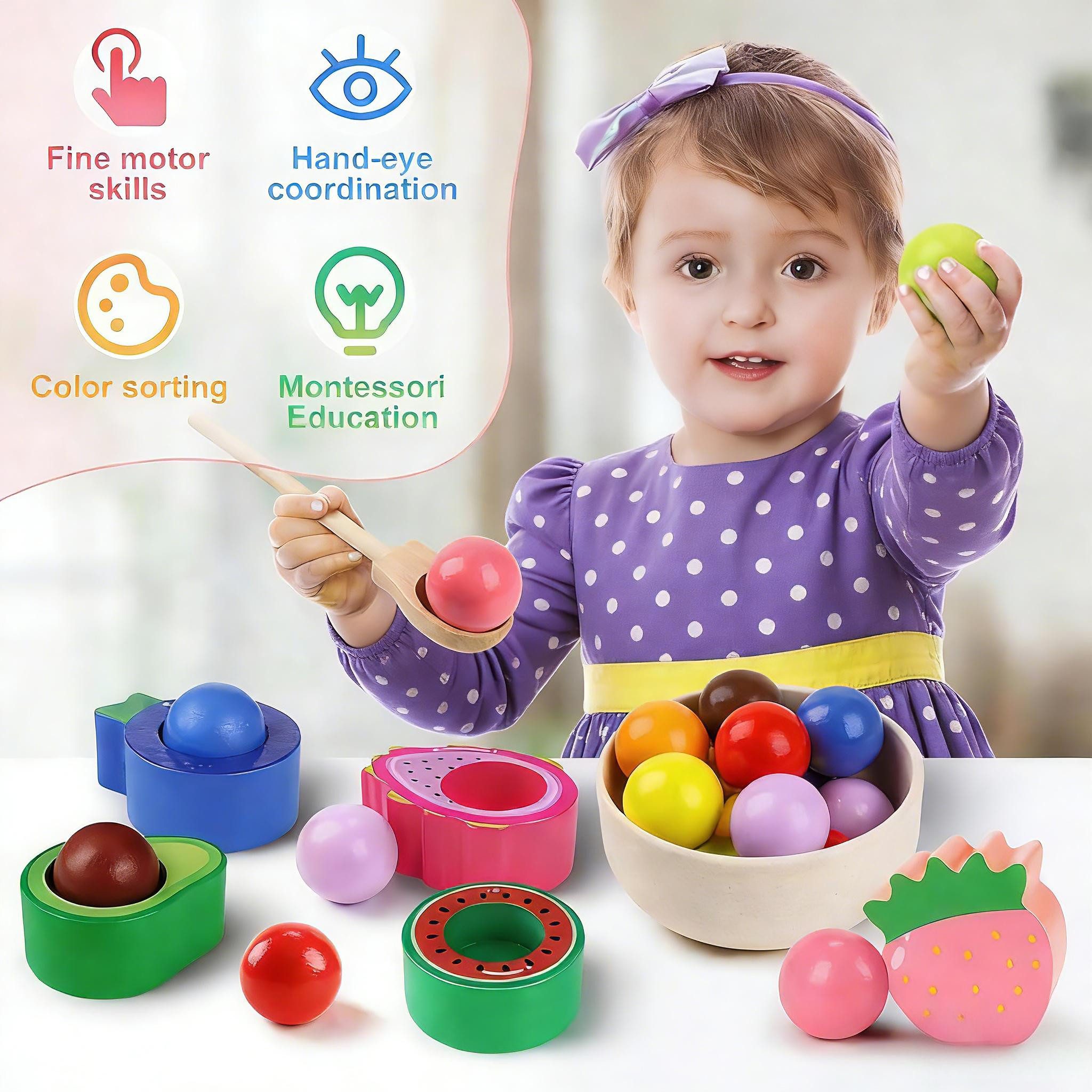 POPOLIC Lernspielzeug Montessori Spielzeug ab 2 Jahr, Baby Motorikspielzeug (Obst Holzspielzeug, Kinder Lernspielzeug), Geschenk für Baby Mädchen Jungen 2 3 4 Jahre