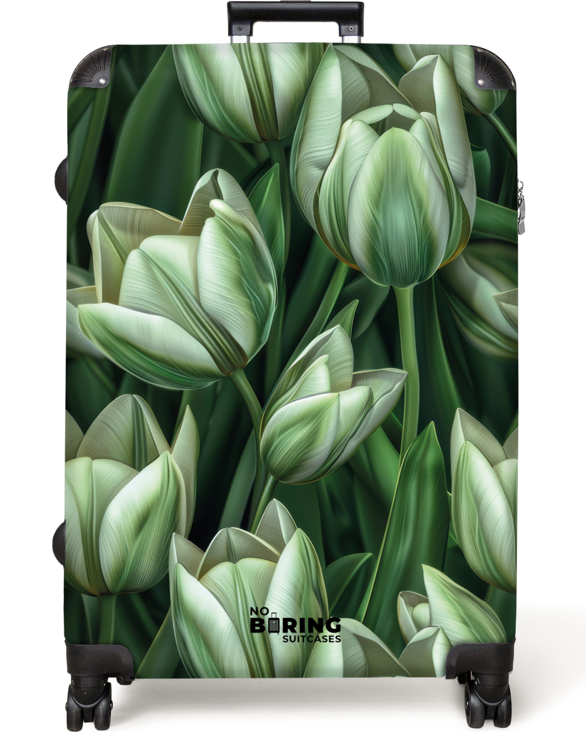 NoBoringSuitcases.com© Hartschalen-Trolley Grün mit weißen Tulpen günstig online kaufen