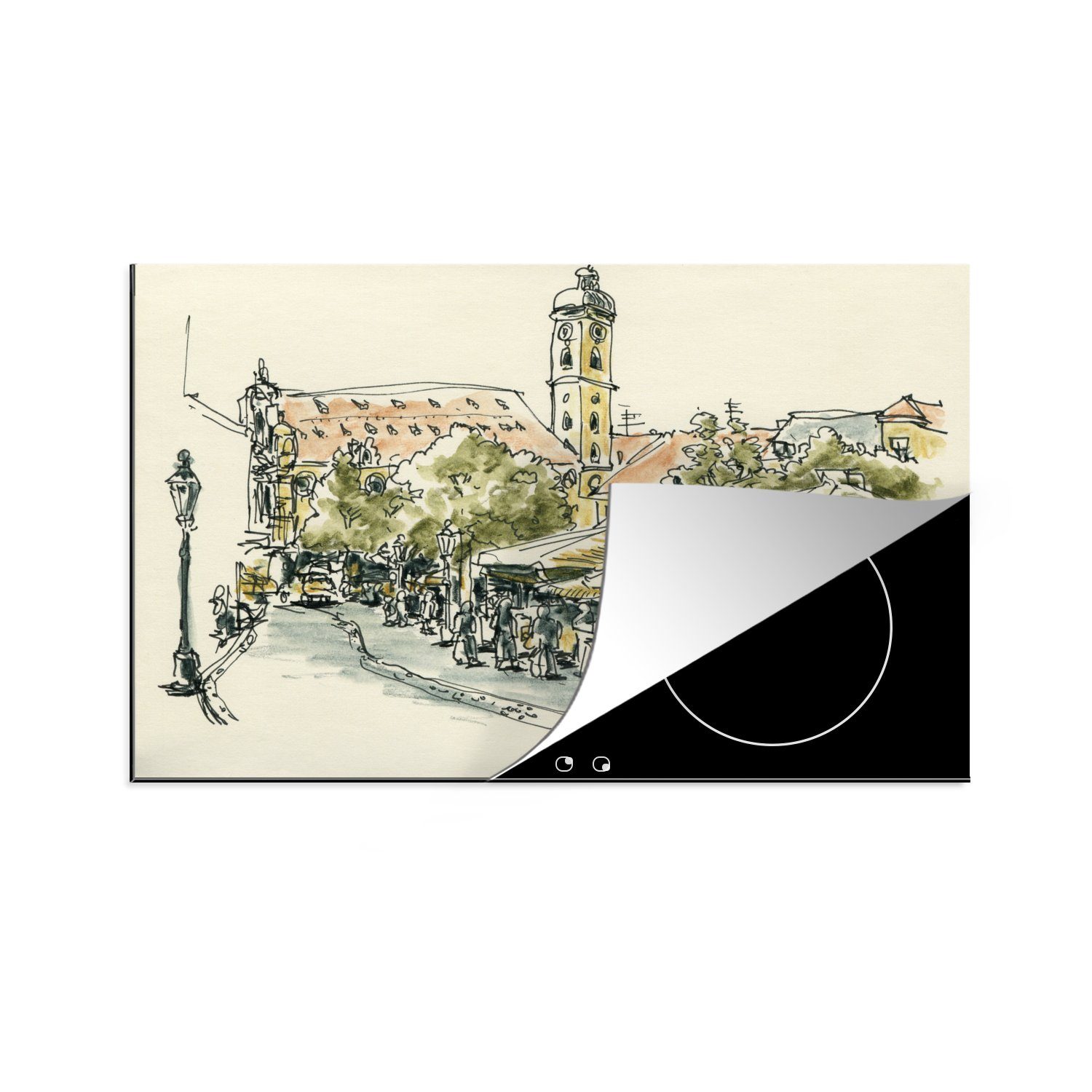 MuchoWow Herdblende-/Abdeckplatte Illustration eines gemalten Münchens, Vinyl, (1 tlg), 81x52 cm, Induktionskochfeld Schutz für die küche, Ceranfeldabdeckung