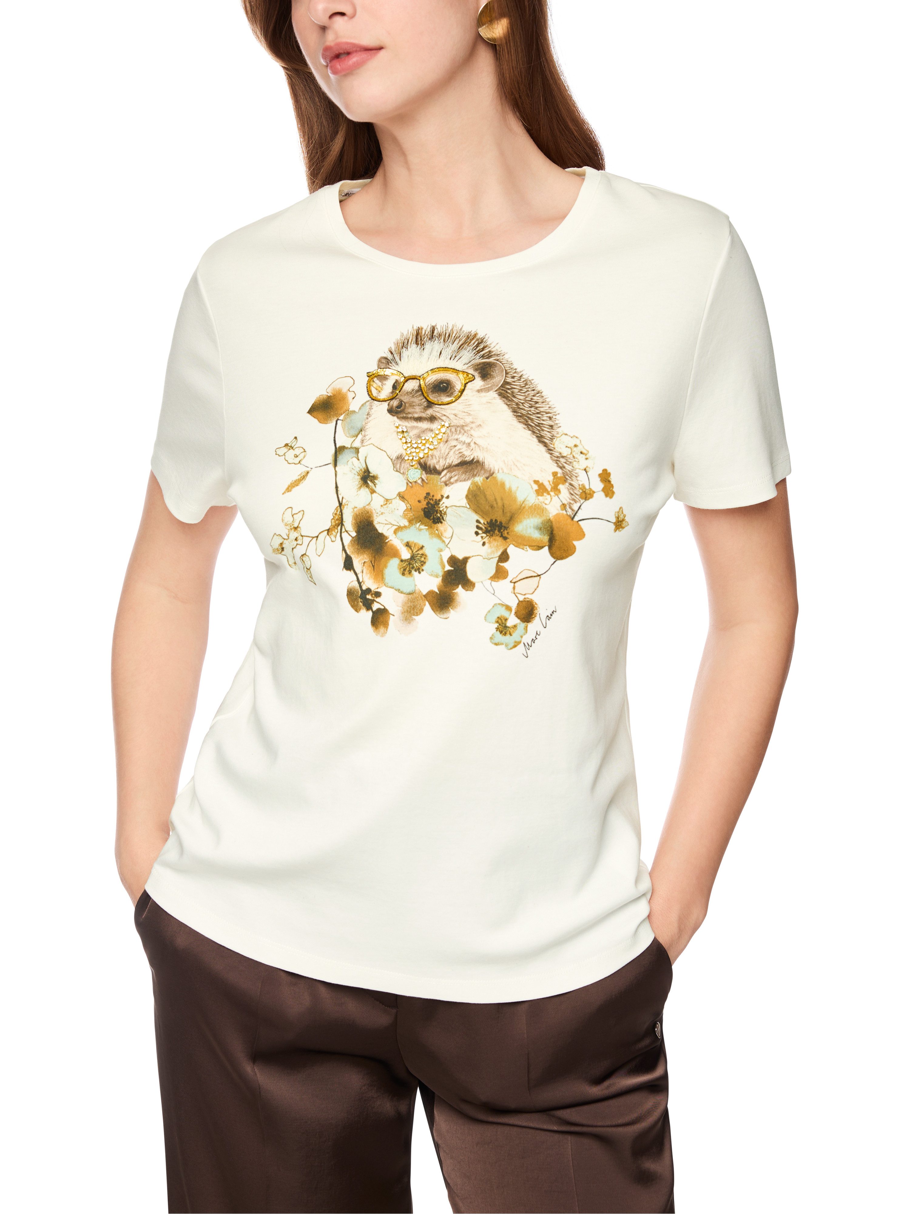 Marc Cain T-Shirt Fading Flowers Premium Damenmode Igel-Print mit Schmucksteinchen