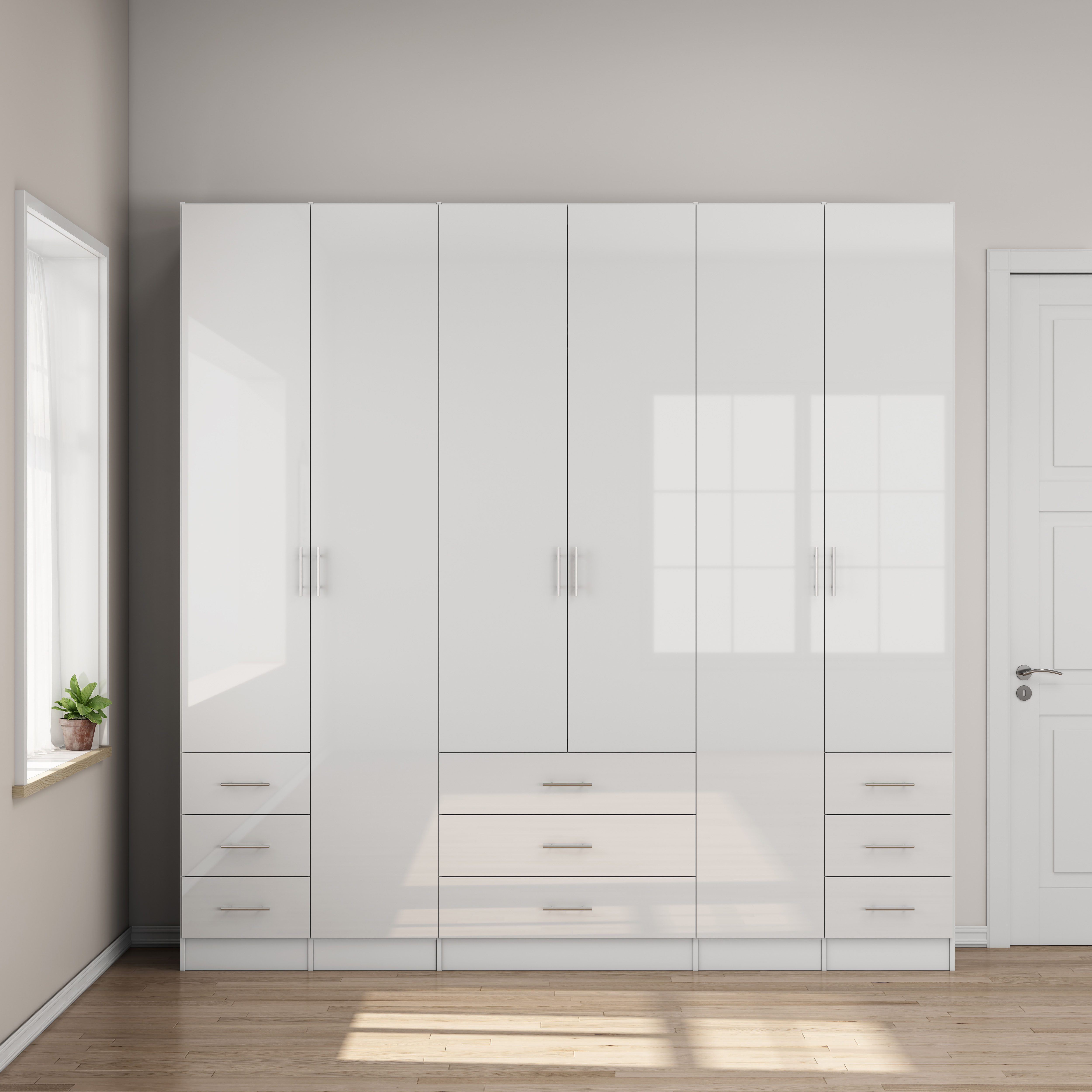 OTTO home Kleiderschrank Trento Schlafzimmerschrank Garderobe hochglanz (in 2 unterschiedlichen Schrankhöhen wählbar) Schrank mit 6 Türen und 9 Schubladen, Hochglanz-Fronten, 2,39m Höhe