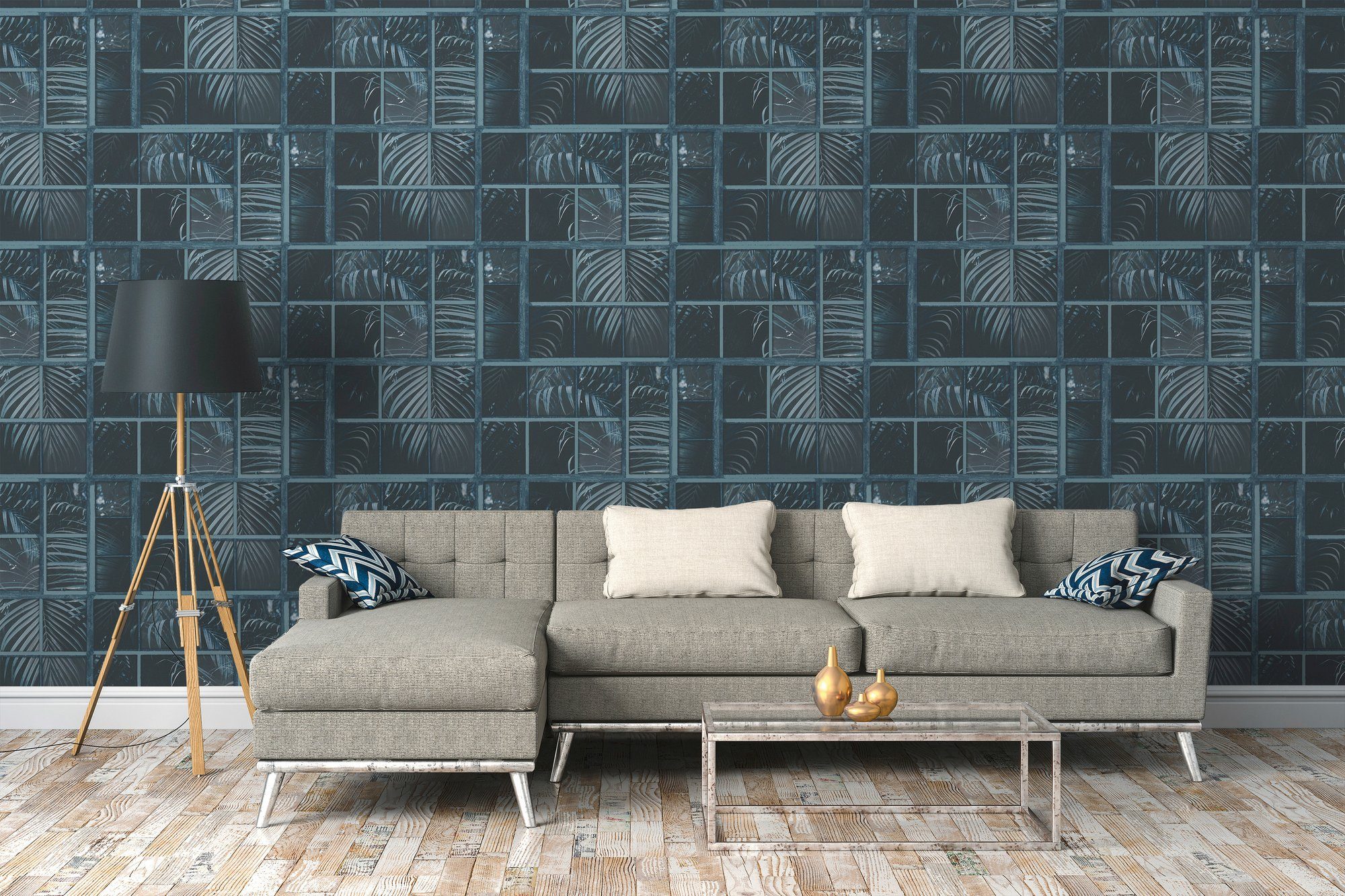 Vliestapete Industrial, walls floral, Palmen Dschungeltapete schwarz/taubenblau living botanisch, Tapete