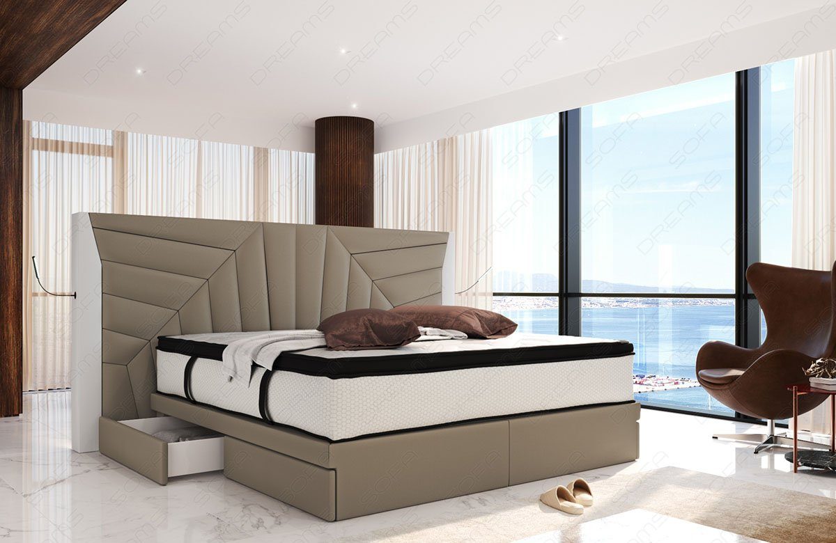 Sofa Dreams Boxspringbett Monaco Microfaser Mineva, mit Topper, Schubladen, USB-Anschlüssen und LED-Beleuchtung