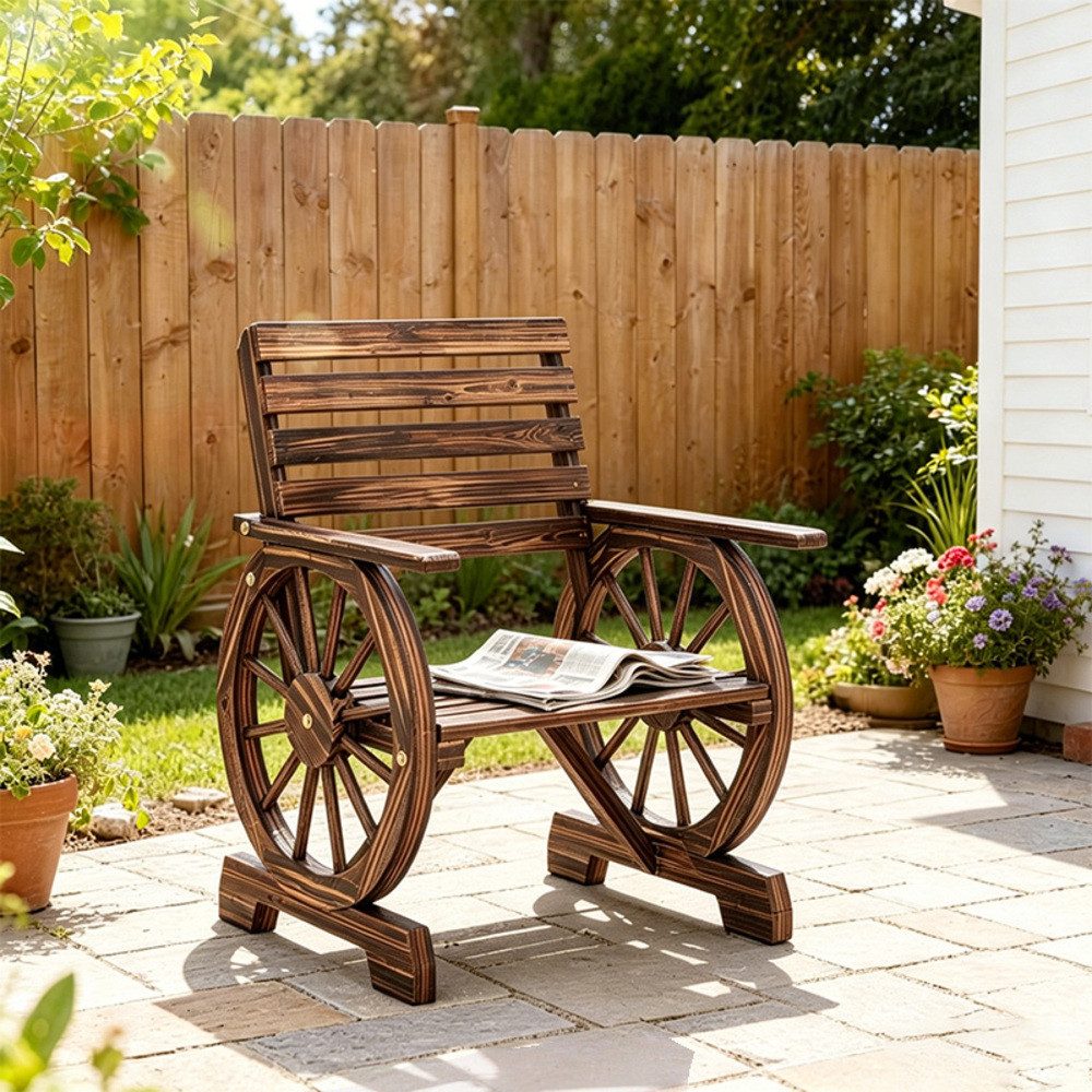 CHICFURN Gartenstuhl Holz Gartensessel mit Wagenrad-Design im Landhausstil Verkohlt (Packung, 1 St), Rustikaler Holzsessel für Garten & Terrasse, Maße bitte ergänzen