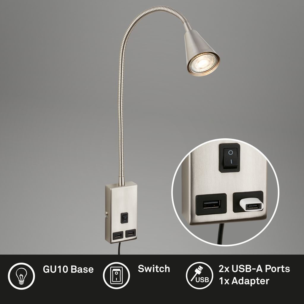 Briloner Leuchten Wandleuchte 2175012, ohne Leuchtmittel, 2700K - Extra-Warmweiß, LED Bettlampe 48,5 x 6 x 42 cm Nickel-Matt max. 10W GU10 Wandlampe