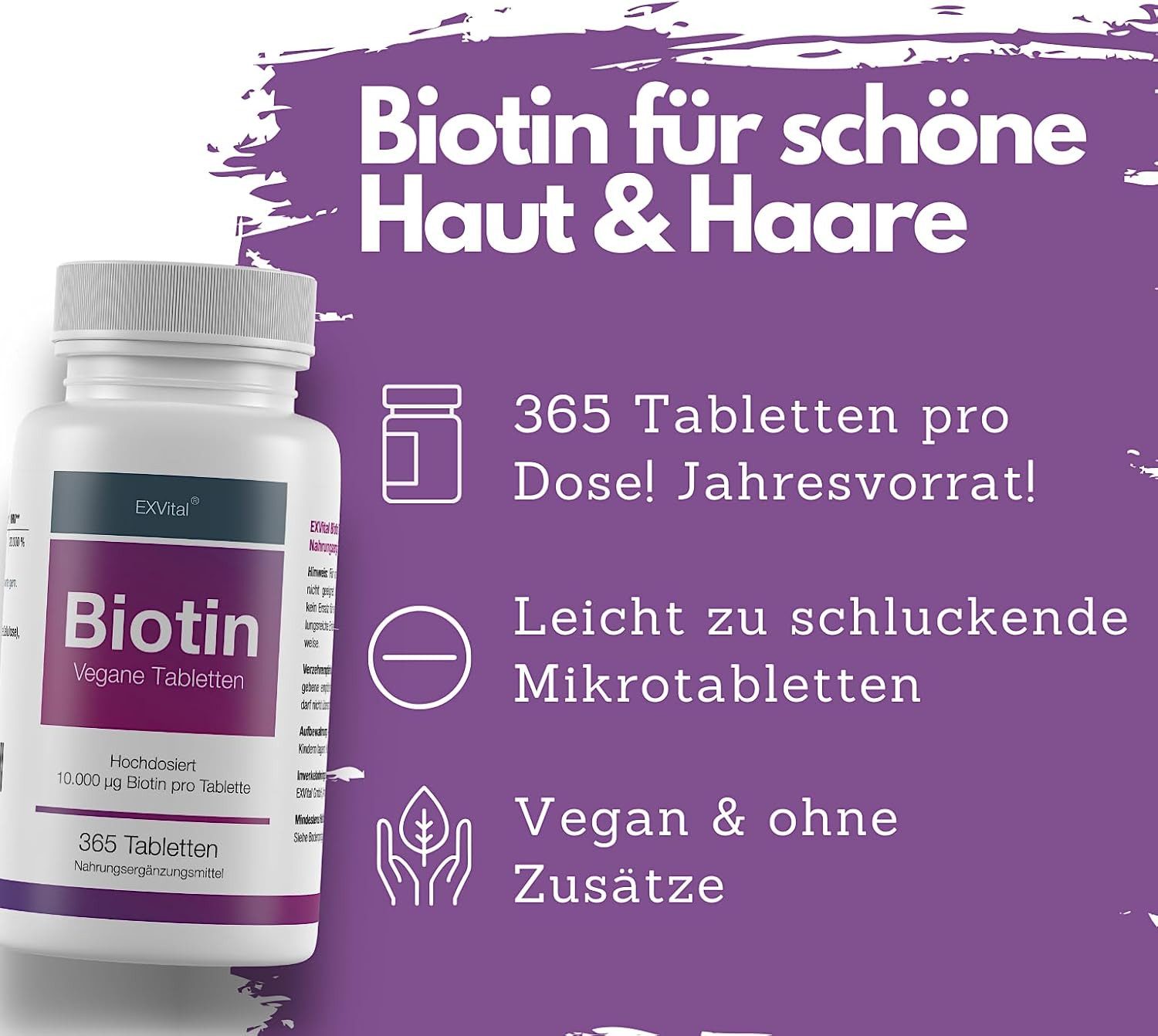 Biotin Tabletten 10.000 µg für Haare, Haut und Fingernägel Tabletten, 91,25 g