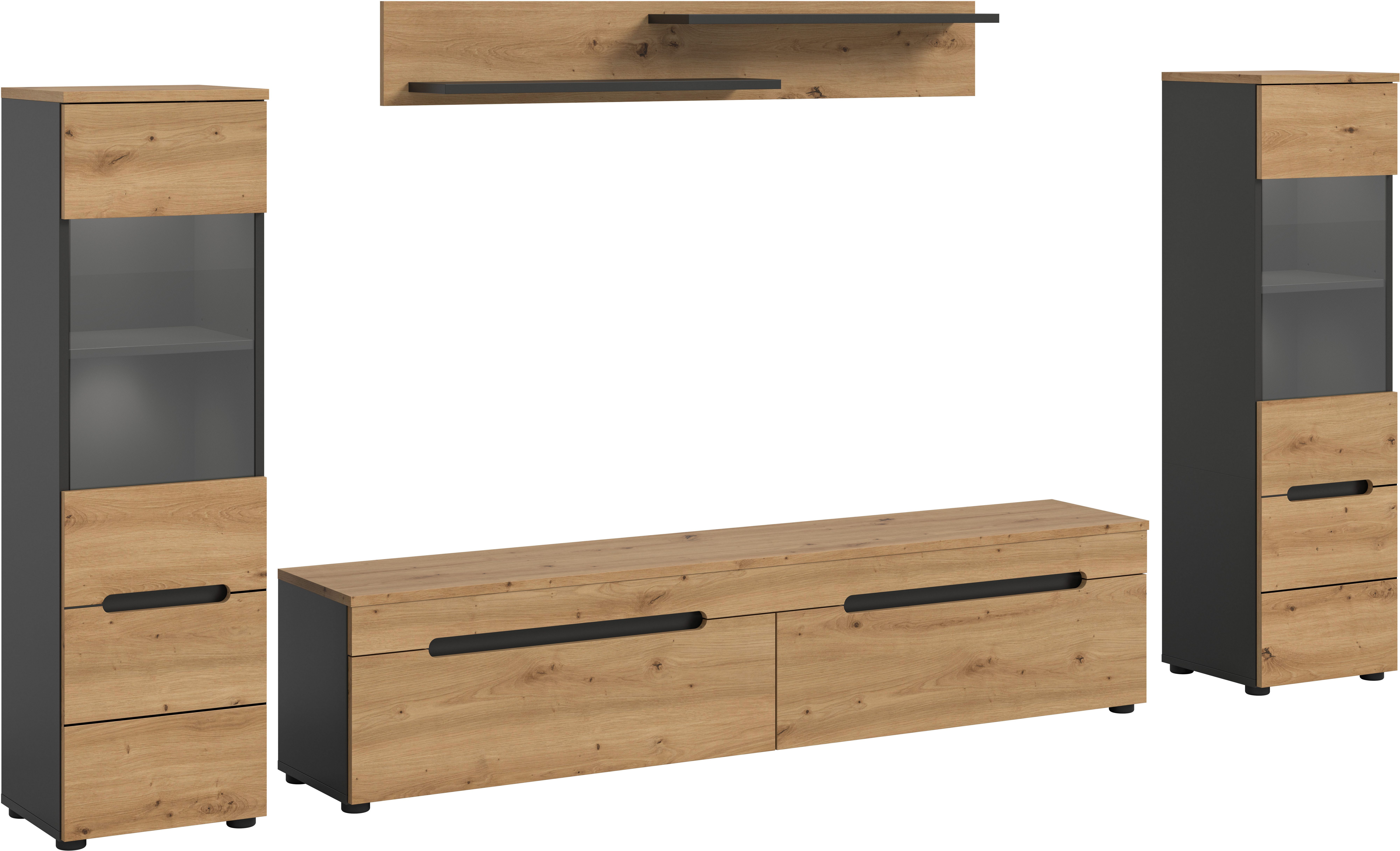 Home affaire Wohnwand REHAT, TOPSELLER!, 4-teilig, inkl. Beleuchtung, stehend oder hängend, (4-St., Set bestehend aus: 2x Vitrine inkl. Beleuchtung, Lowboard & Wandboard), Kombination, Anbauwand, Set, Wohn-Set, Wohnzimmer-Set, Schrankwand