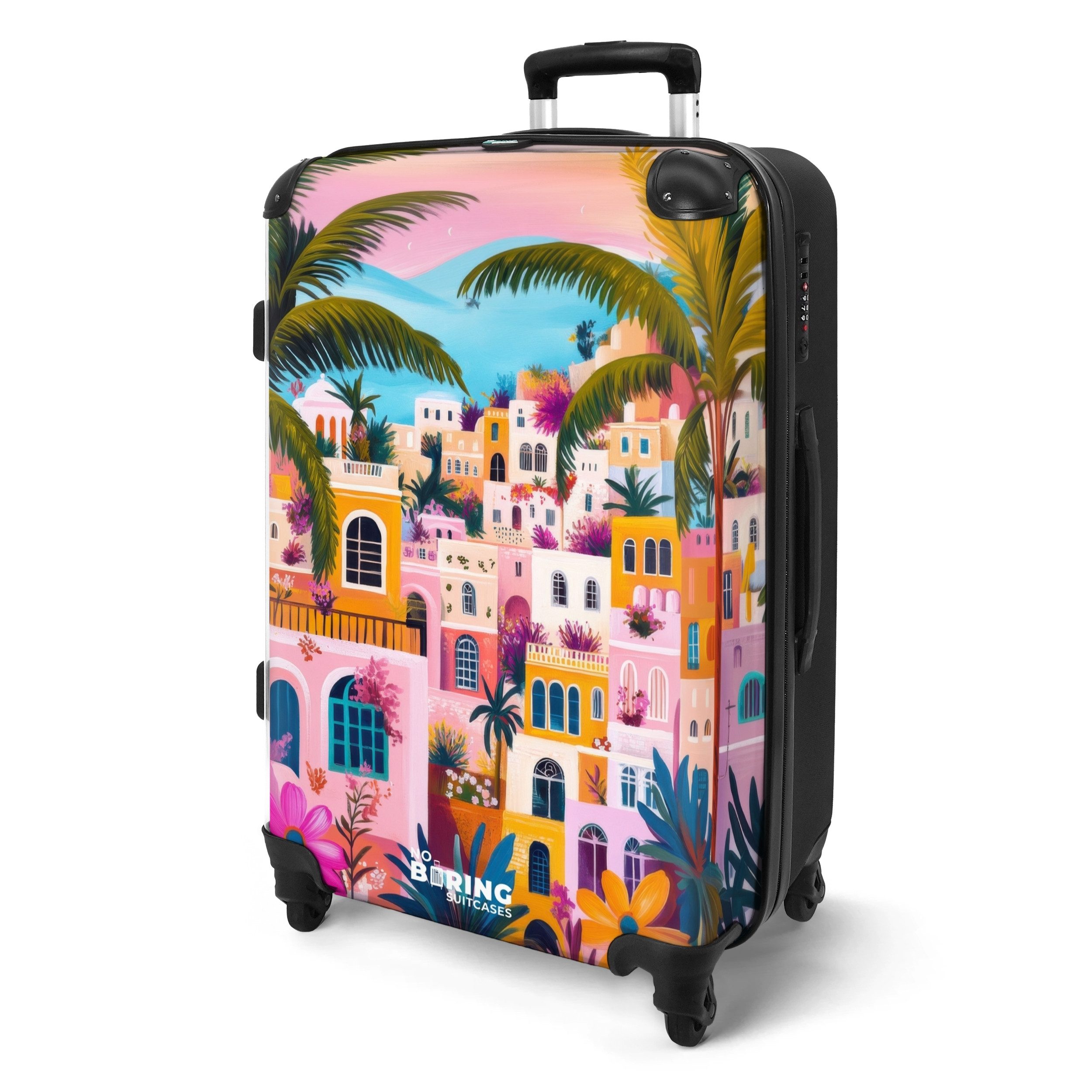 NoBoringSuitcases.com© Hartschalen-Trolley Bunte Stadt mit Palmen günstig online kaufen