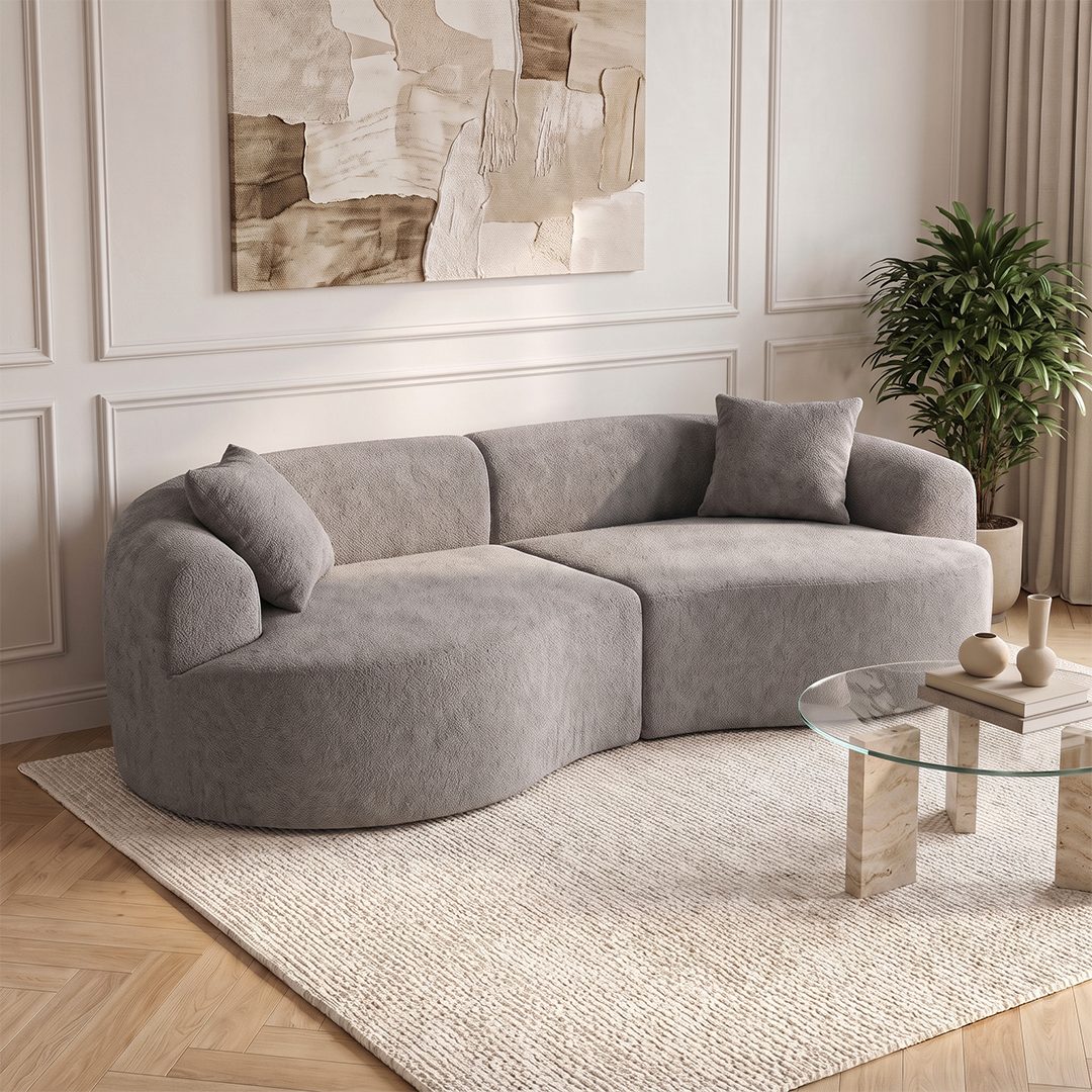 skølm Sofa Loki aus Teddy-Bouclé-Stoff, Vollschaumcouch mit Vakuum-Kompression, Grau, Couch 2 Sitzer mit 2 Kissen, kein Aufbau notwendig