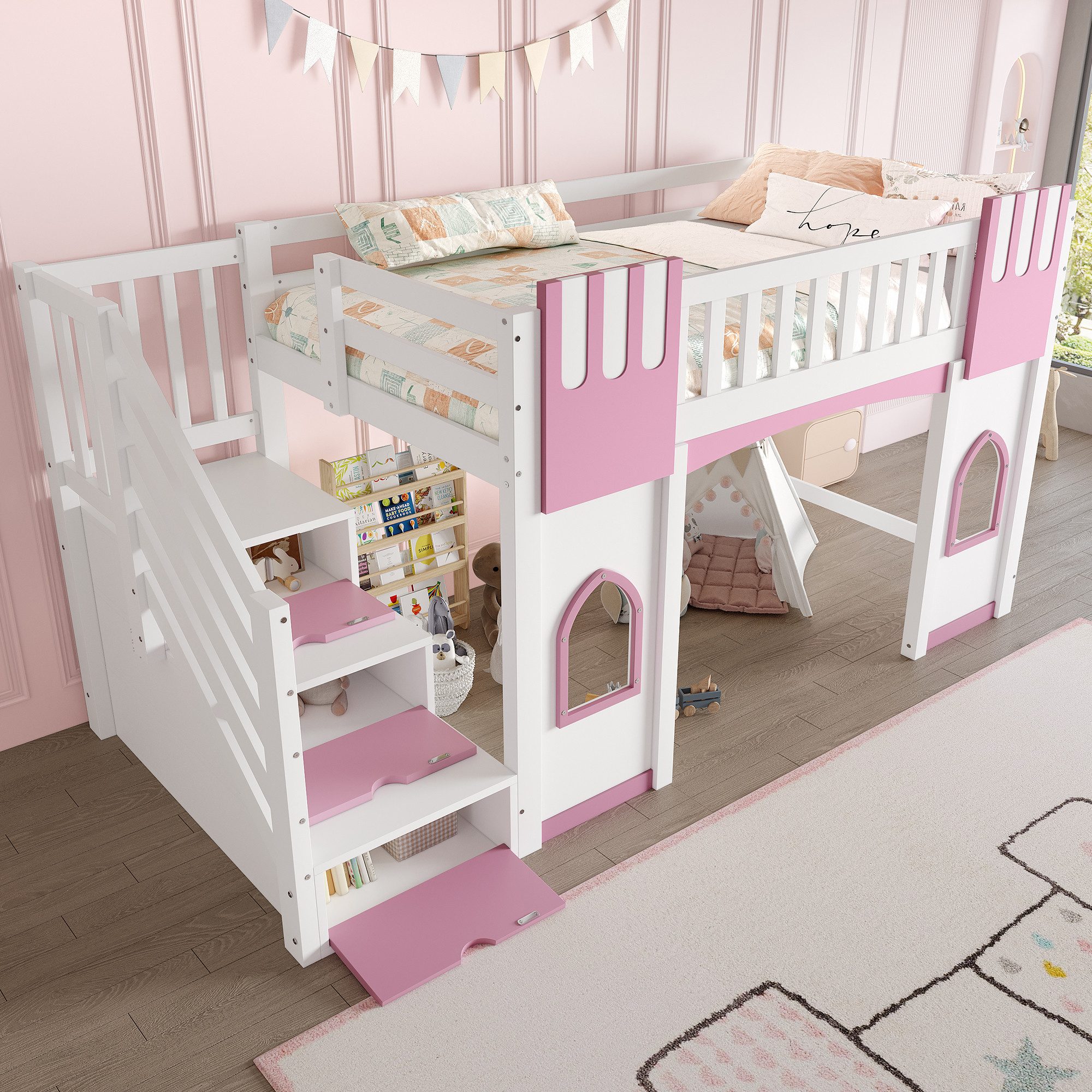 Merax Hochbett (Jugendbett Einzelbett, 1-St., Hausbett) Massivholz Kinderbett 90x200cm mit Stauraumtreppe Fenstern & Geländer