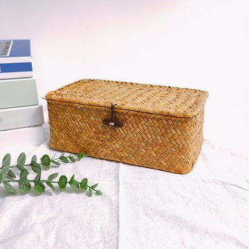 Rnemitery Aufbewahrungskorb Aufbewahrungskorb aus geflochtenem Rattan, Aufbewahrungsbox mit Deckel (1 St)