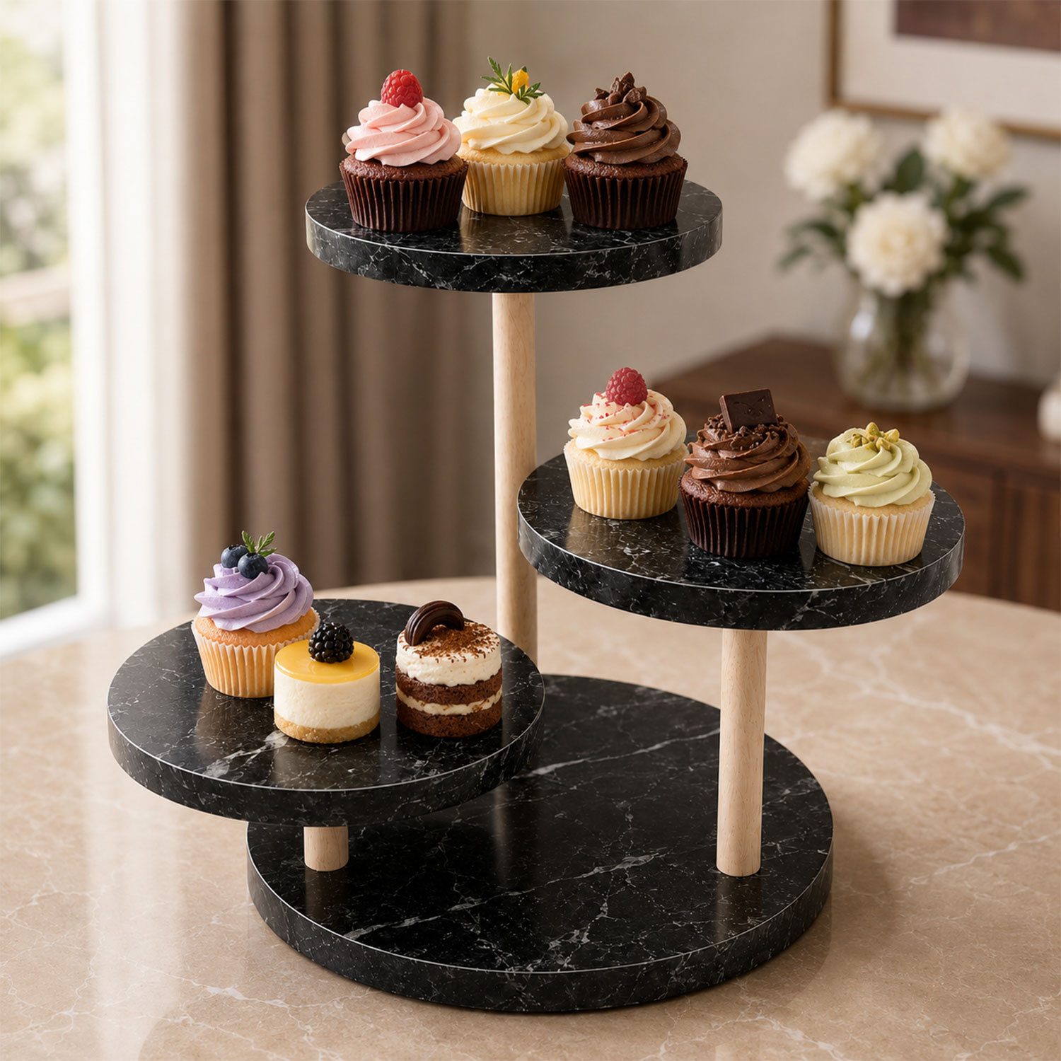 Jungengel Blumenständer 3-in-1 Standregal Blumenregal Tortenständer Servieretagere Cupcake (Einzelartikel, 3 Ebenen mit Holzsäulen und werkzeuglosem Drehsystem), 3-in-1 Etagere als Servierständer, Dekoregal und Pflanzenständer