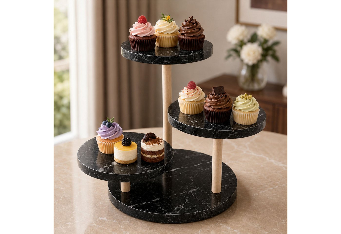Jungengel Blumenständer 3-in-1 Standregal Blumenregal Tortenständer Servieretagere Cupcake (Einzelartikel, 3 Ebenen mit Holzsäulen und werkzeuglosem Drehsystem), 3-in-1 Etagere als Servierständer, Dekoregal und Pflanzenständer