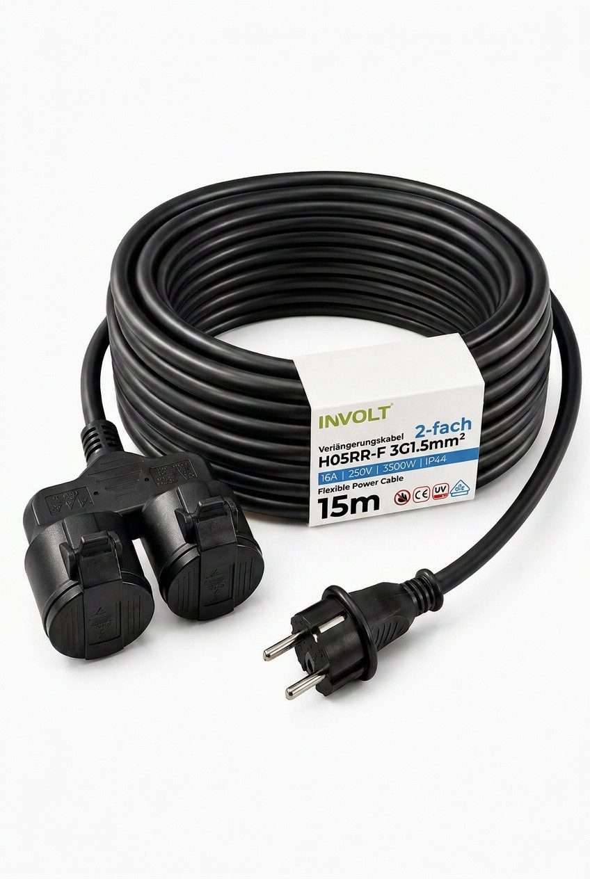 INVOLT H05RR-F 3G1,5mm² Verlängerungskabel, 2 Schuko Steckdosen, Außenbereich Verlängerungskabel, (1500 cm)