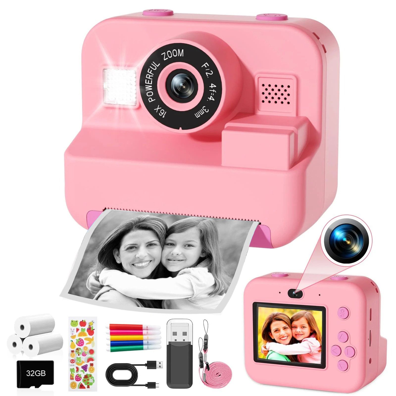 Coonoor 1080P HD Sofortbildkamera für Kinder, Digitalkamera für Kinder, Sofortbildkamera (inkl. Enthält Druckpapier, 32G TF-Karte, bunte Stifte, niedliche Aufkleber, Kinder-Sofortdruckkamera, geeignet für Kinder von 3-12 Jahren)