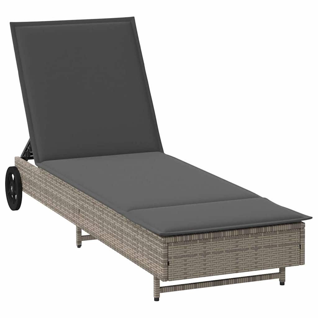 vidaXL Gartenliege Sonnenliege mit Rollen und Auflage Grau Poly Rattan, 1 St.