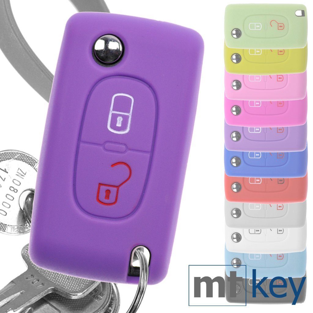 mt-key Schlüsseltasche Autoschlüssel Softcase Silikon Schutzhülle Lila, für Citroen Berlingo C2 C3 Peugeot 207 307 308 2 Tasten Klappschlüssel | Schlüsseltaschen