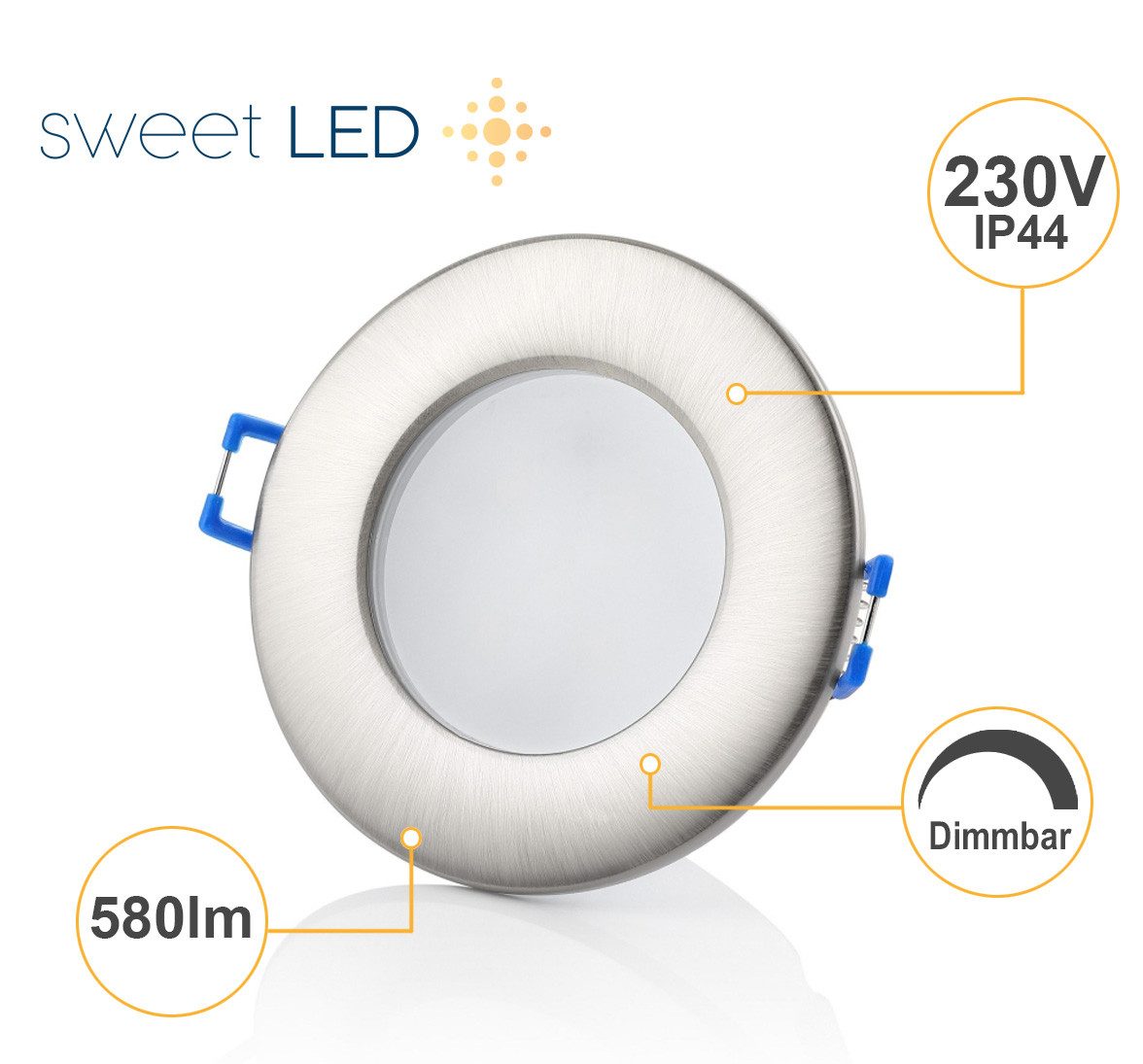Sweet LED LED Einbaustrahler 5er Set IP44 flach für Bad & Küche 6,5 W 230V dimmbar, Dimmfunktion, LED fest integriert, 3000K - warmweiß, Deckenspots, Deckenstrahler, Einbauleuchten